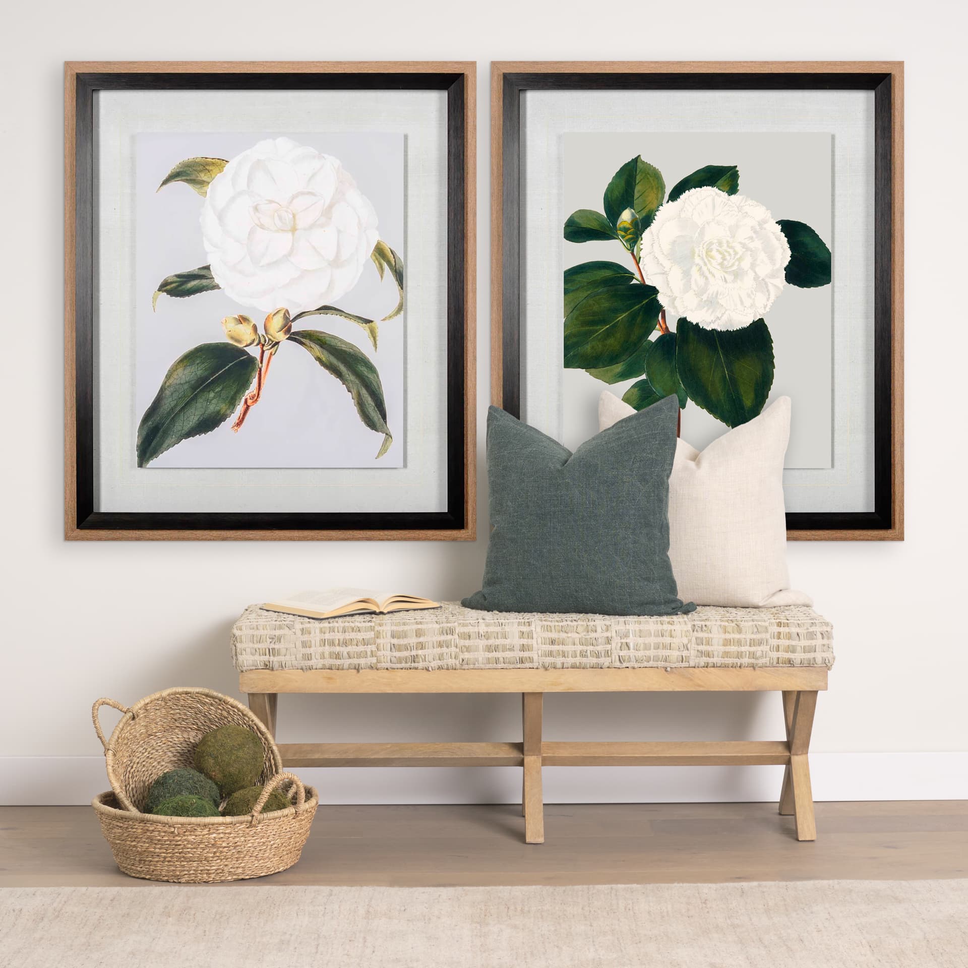 Camellia Japonica I by Vision Studio a Hand Embellished Textured Framed Art Print Matted under Glass — in a styled room