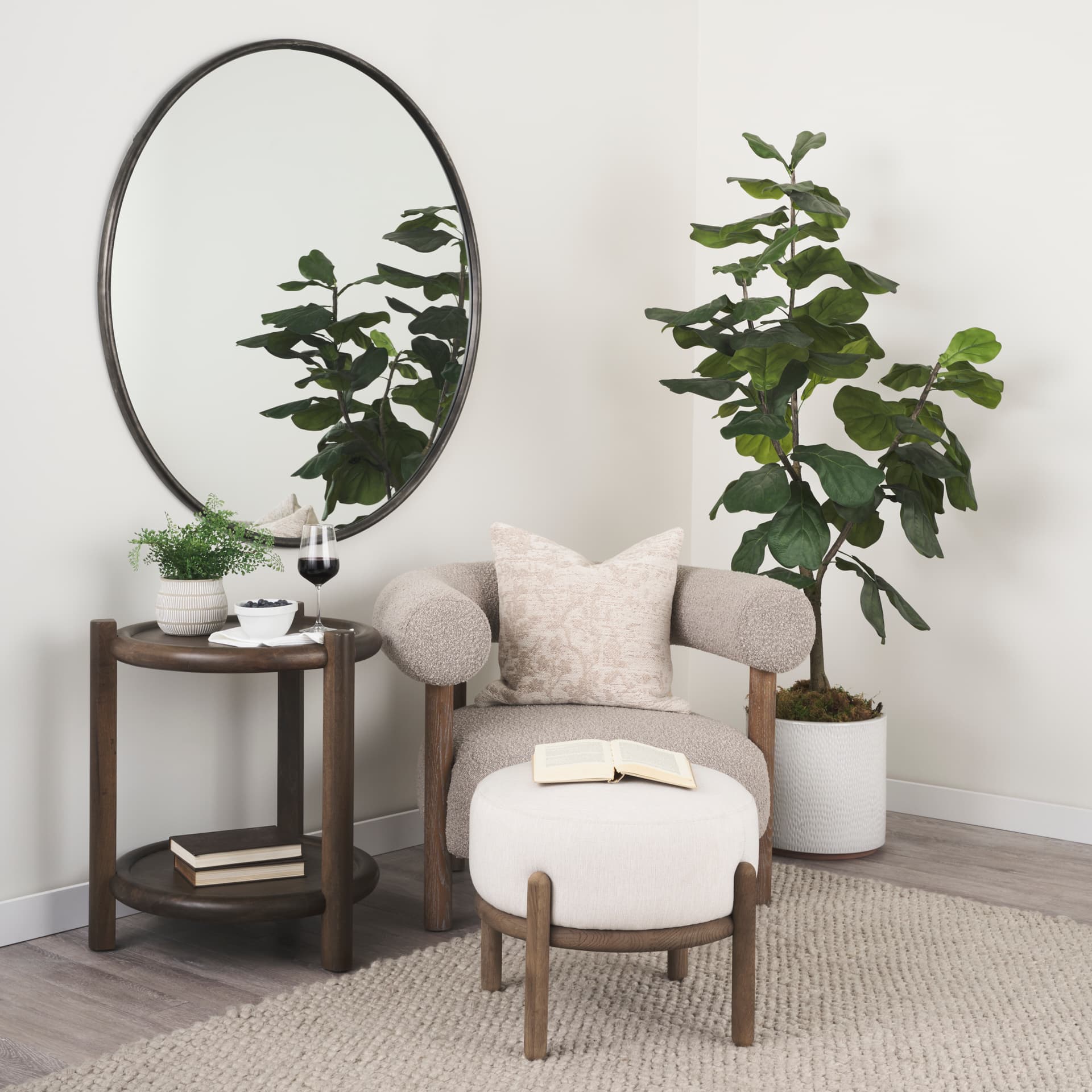 Gianna Open Back Medium Brown Wood w/ Taupe Boucle Fabric Accent Chair — in a styled room