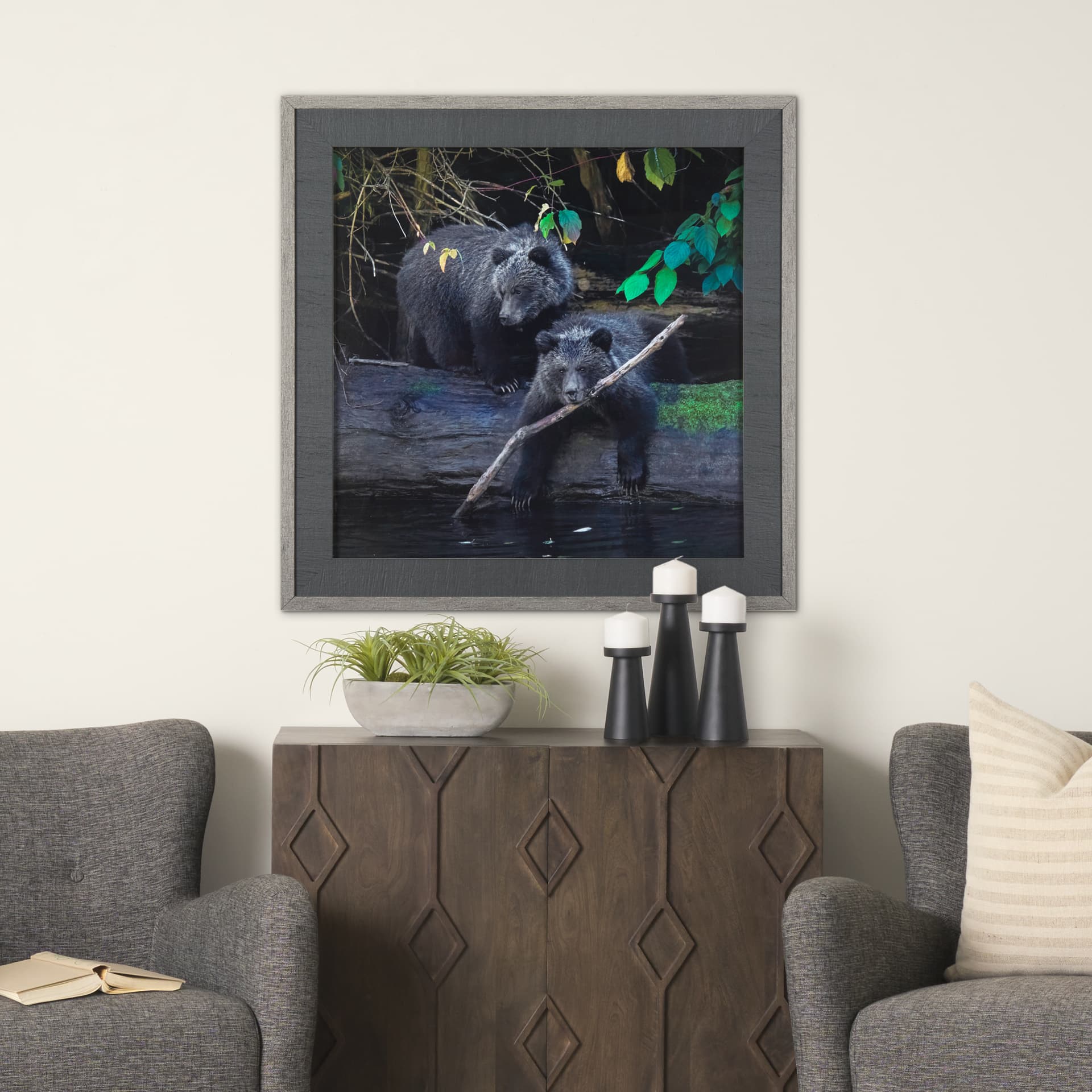 Playing Bears by Chad Mackay a Hand Embellished Textured Framed Photo Art Print Matted under Glass — in a styled room