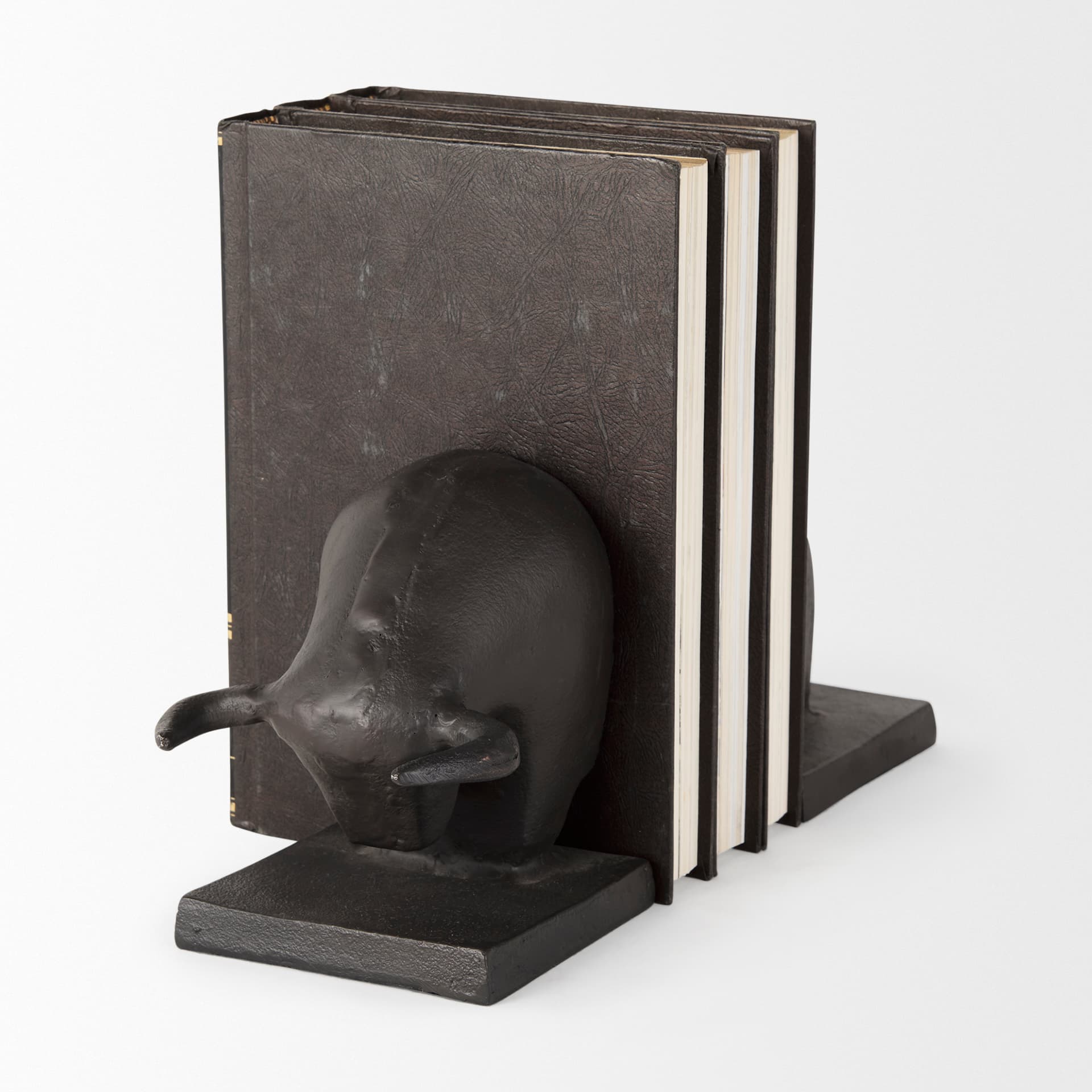 Tauro III (Set of 2) 10L x 5W Black Cast Aluminum Raging Bull Bookends — product photograph