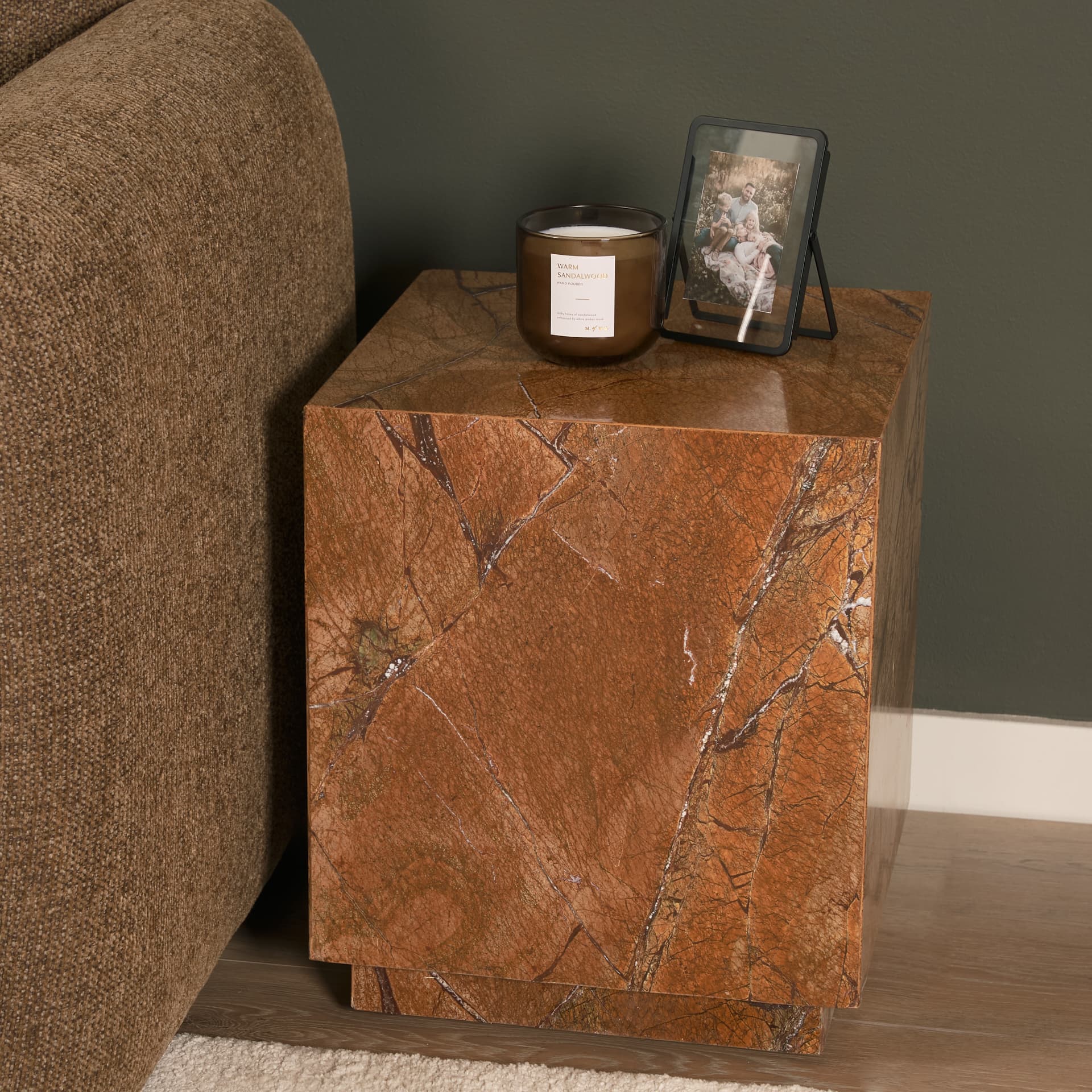 Matteo Solid Rainforest Rust Marble Square Side Table — product photograph