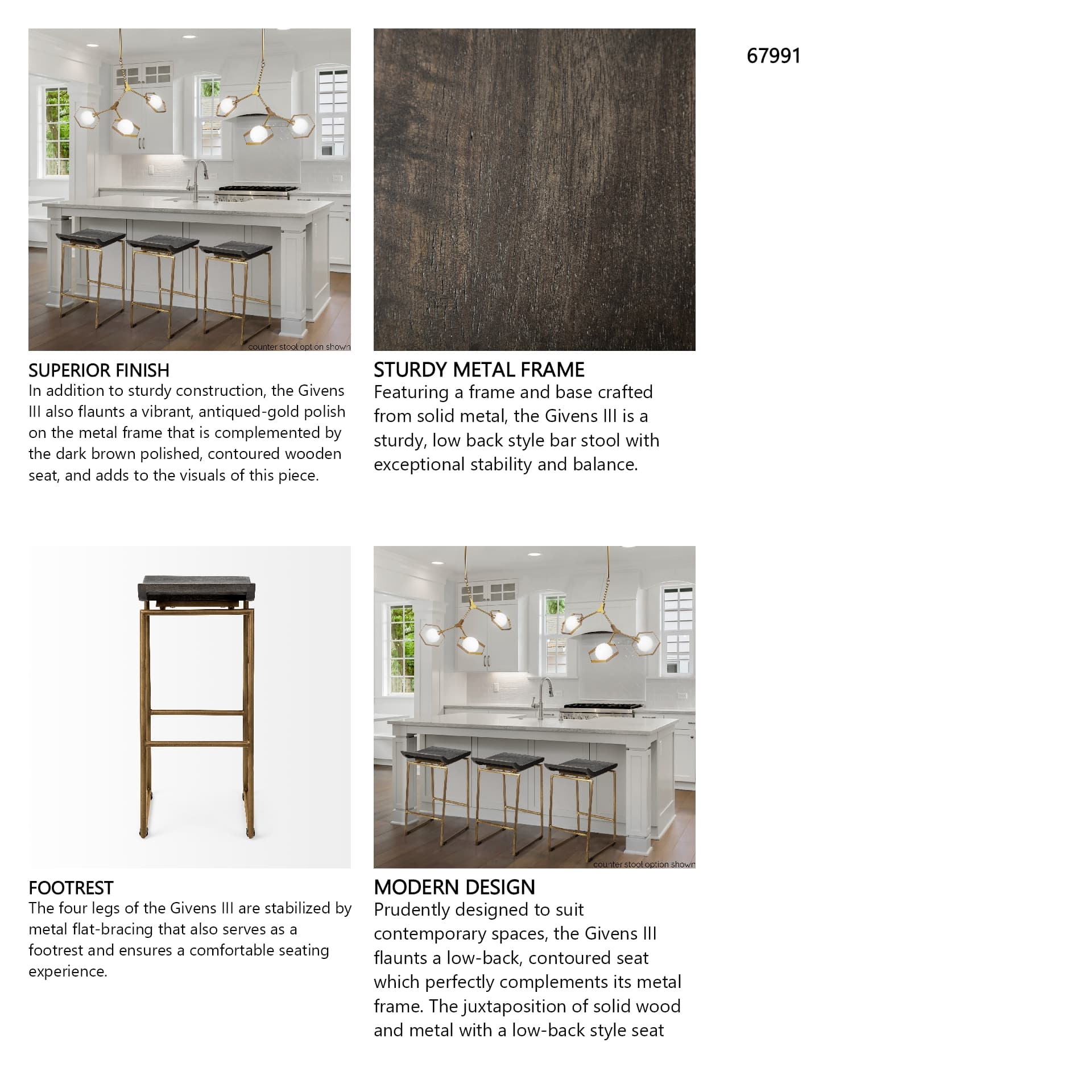 Givens Low Back 32in Seat Bar Stool | Brown Wood w/ Gold Metal — product photograph