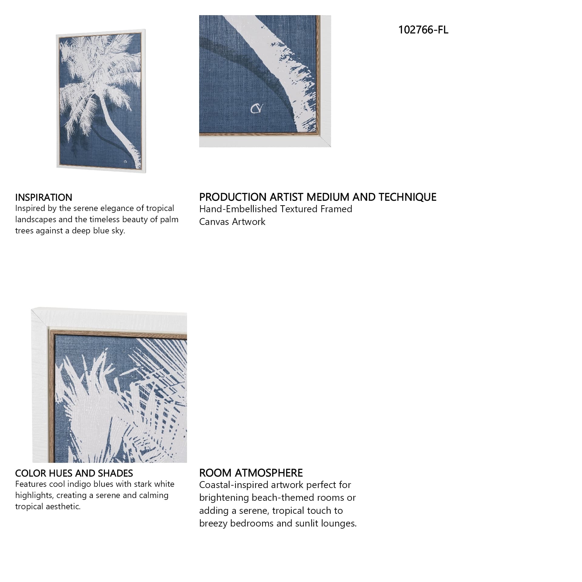 Palm Shadow I (Blue) by Mercana Studio Hand-Embellished Textured Framed Canvas Artwork — in a styled room