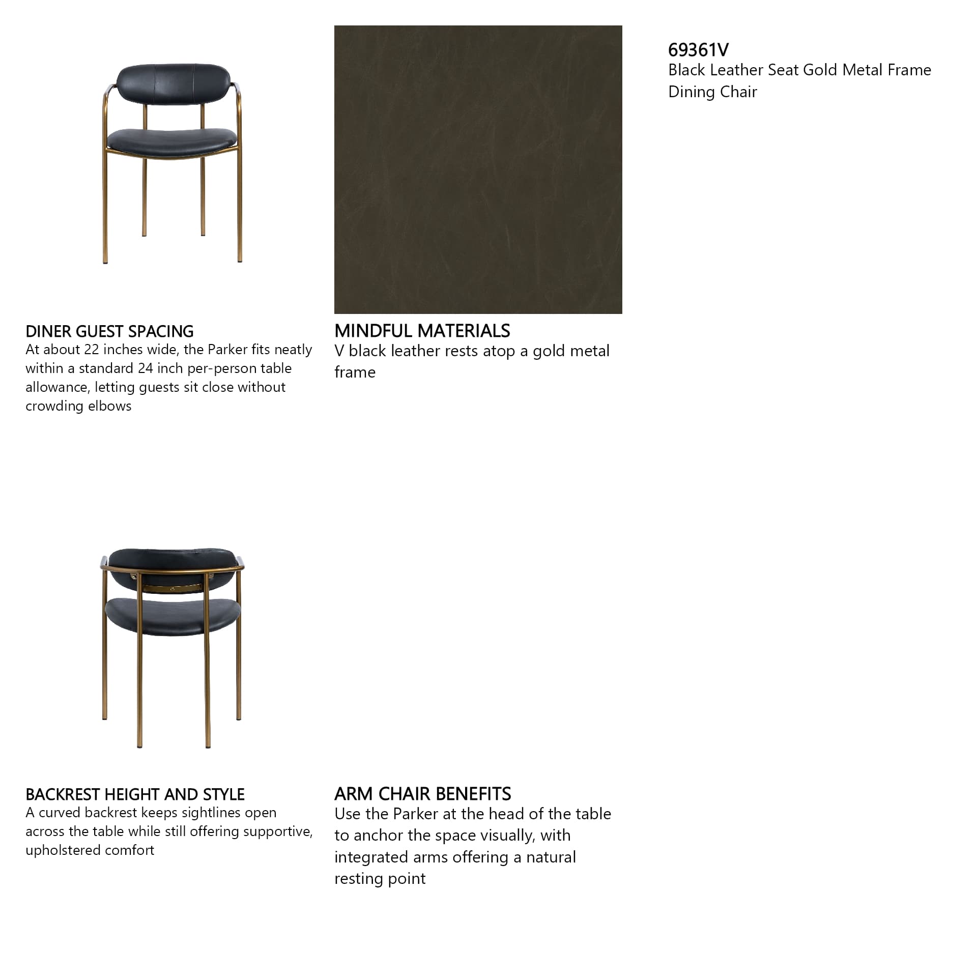 Parker Curved Back Dining Arm Chair | Black Leather w/ Gold Metal — in a styled room