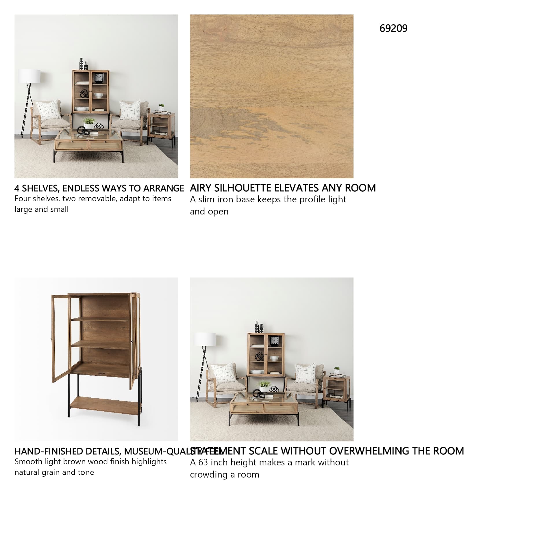 Arelius 36L x 18.75W x 63H Light Brown Wood W/ Black Metal Base Display Cabinet — in a styled room