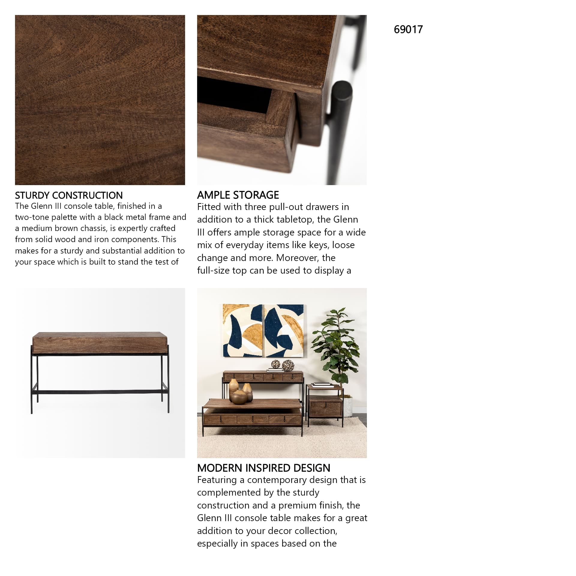 Glenn III 56L x 14W Dark Brown Wood w/ Black Iron Frame, 4 Drawer Console Table — in a styled room