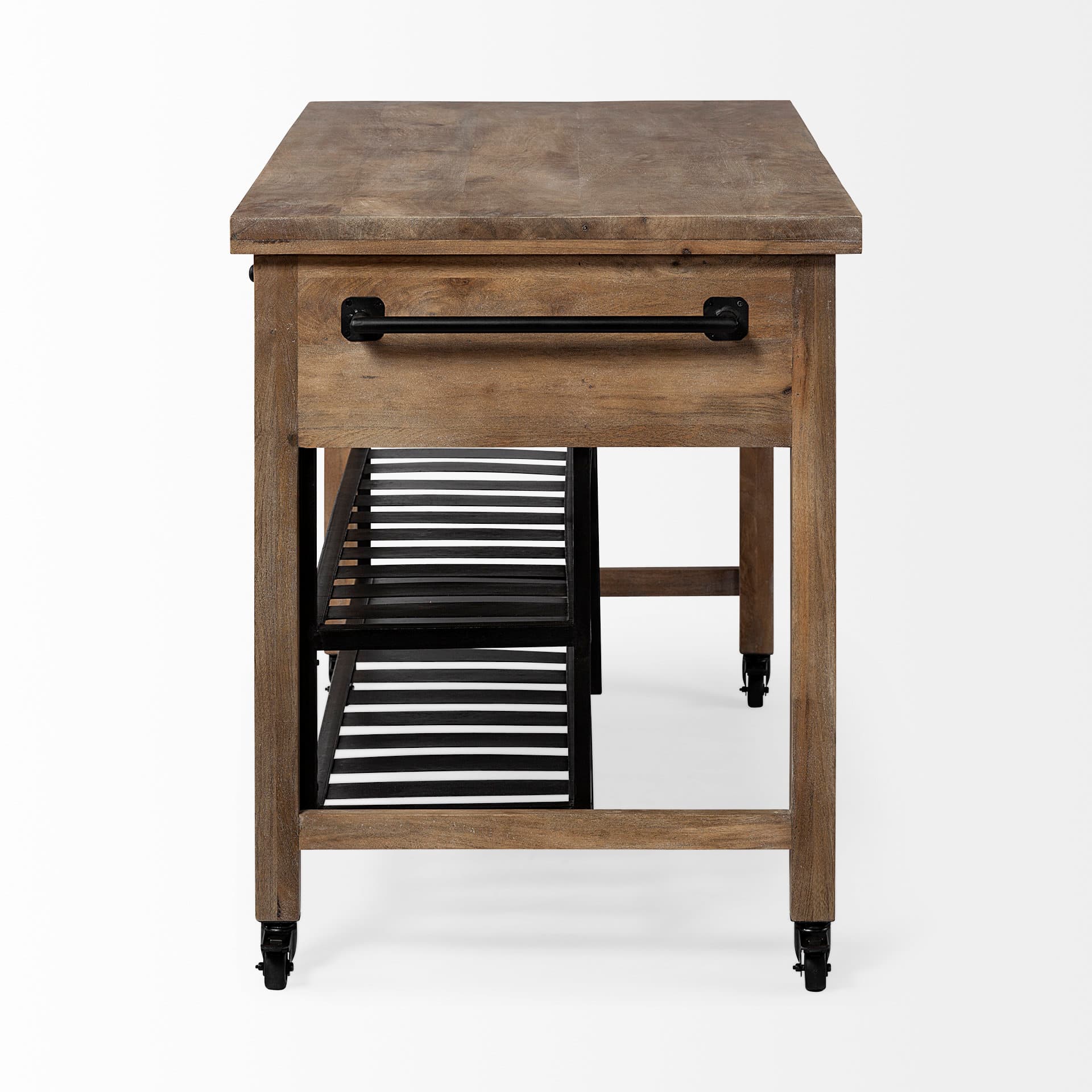 Stuart I Brown Solid Wood Top Two-Tier Black Metal Rolling Kitchen Island — product photograph