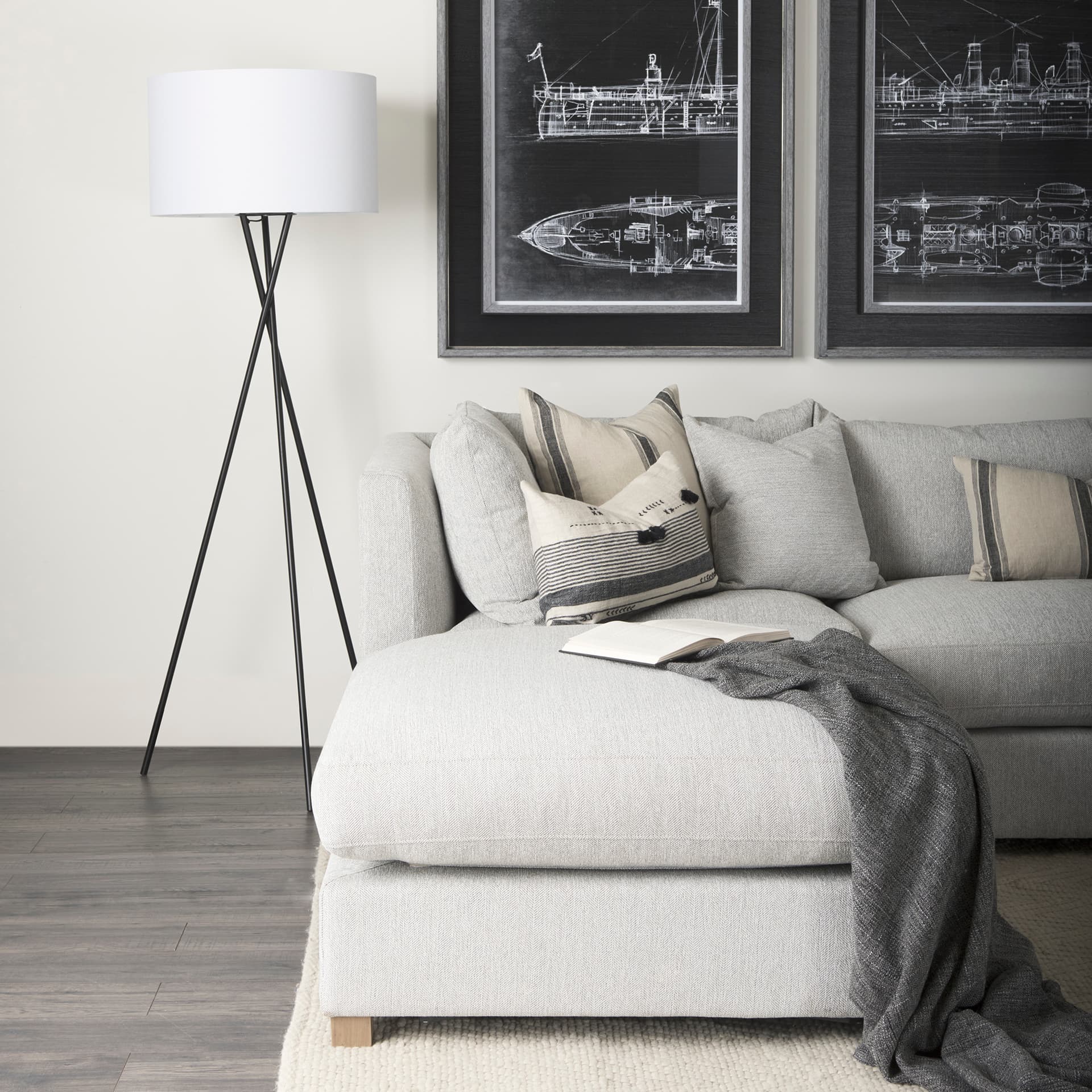Thalia 13x21 Black and Beige Fabric Striped w/Fringe Pillow Cover w/Down Filler — product photograph