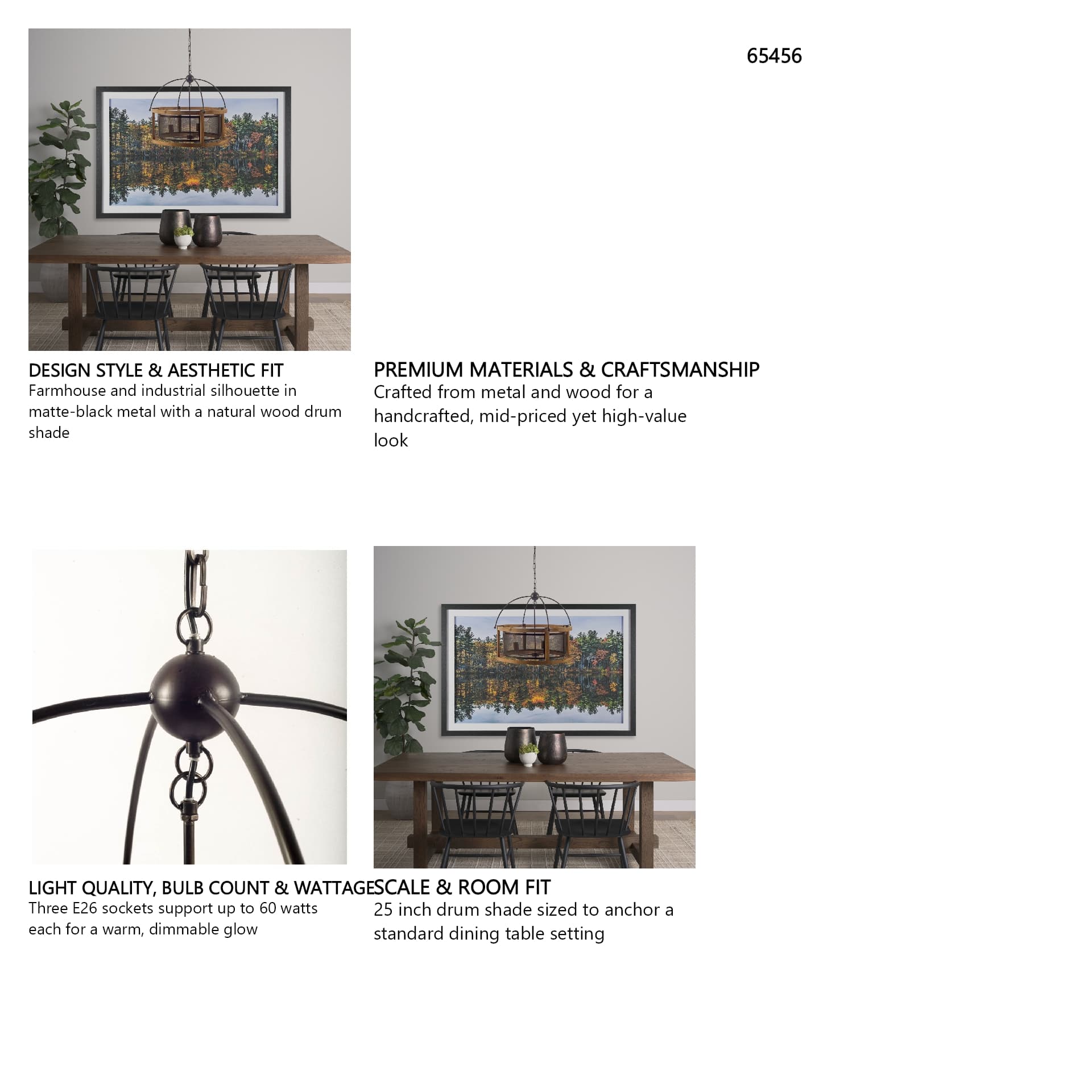 Penhill (25"x24") Black and Wooden Three Bulb Chandelier — in a styled room