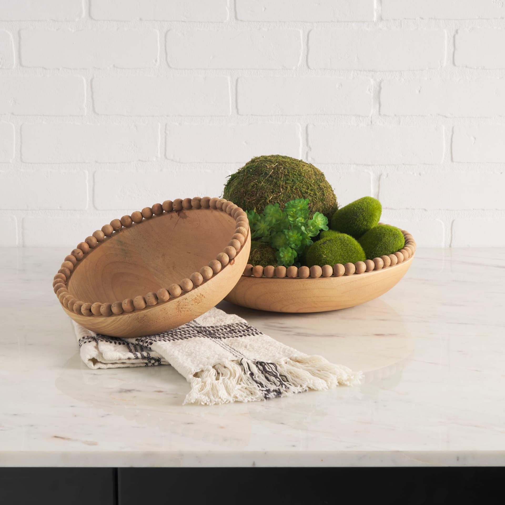 Wendell Light Brown Wood w/ Wood Bead Round Bowls — in a styled room