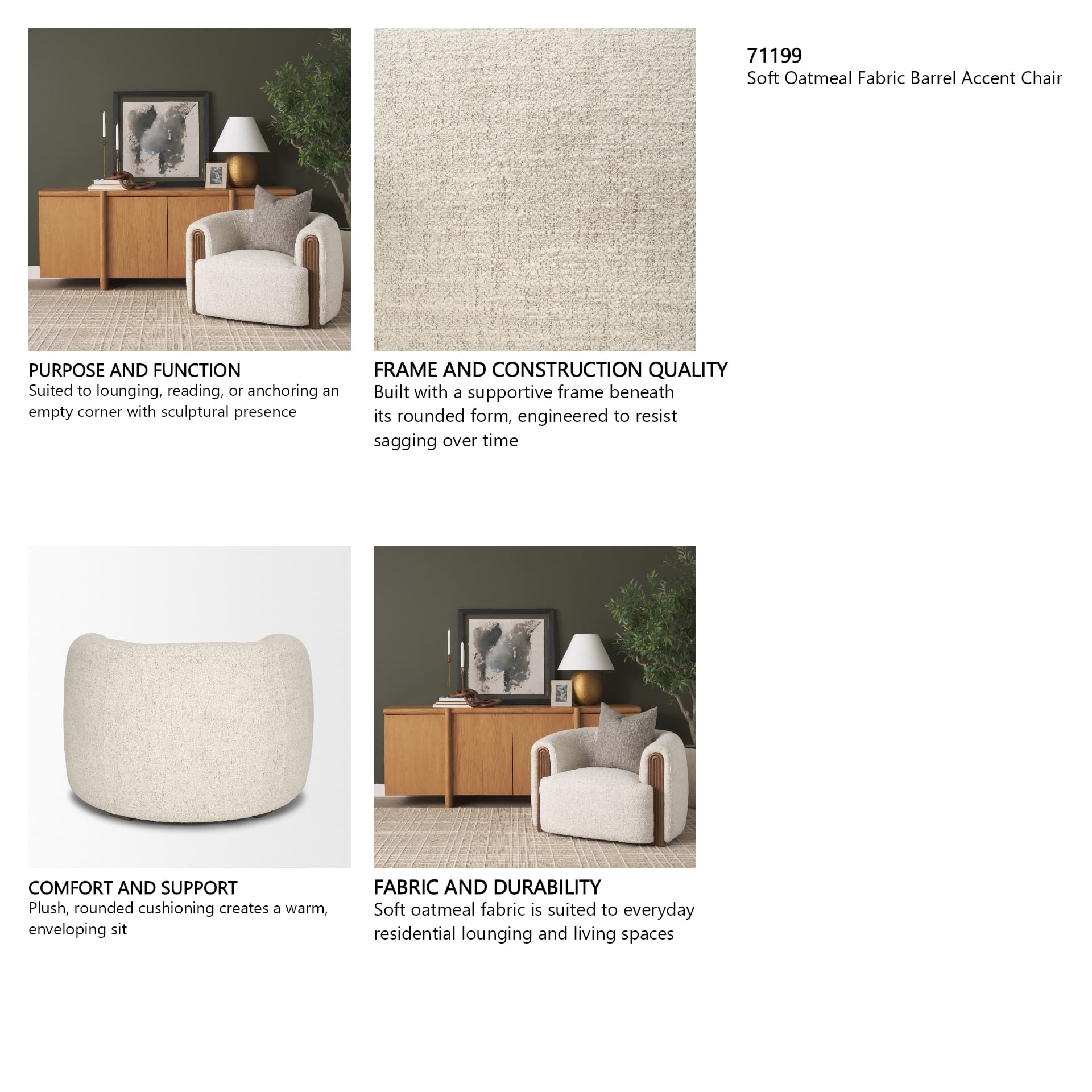 Kornelia Soft Oatmeal Fabric Barrel Accent Chair — product photograph