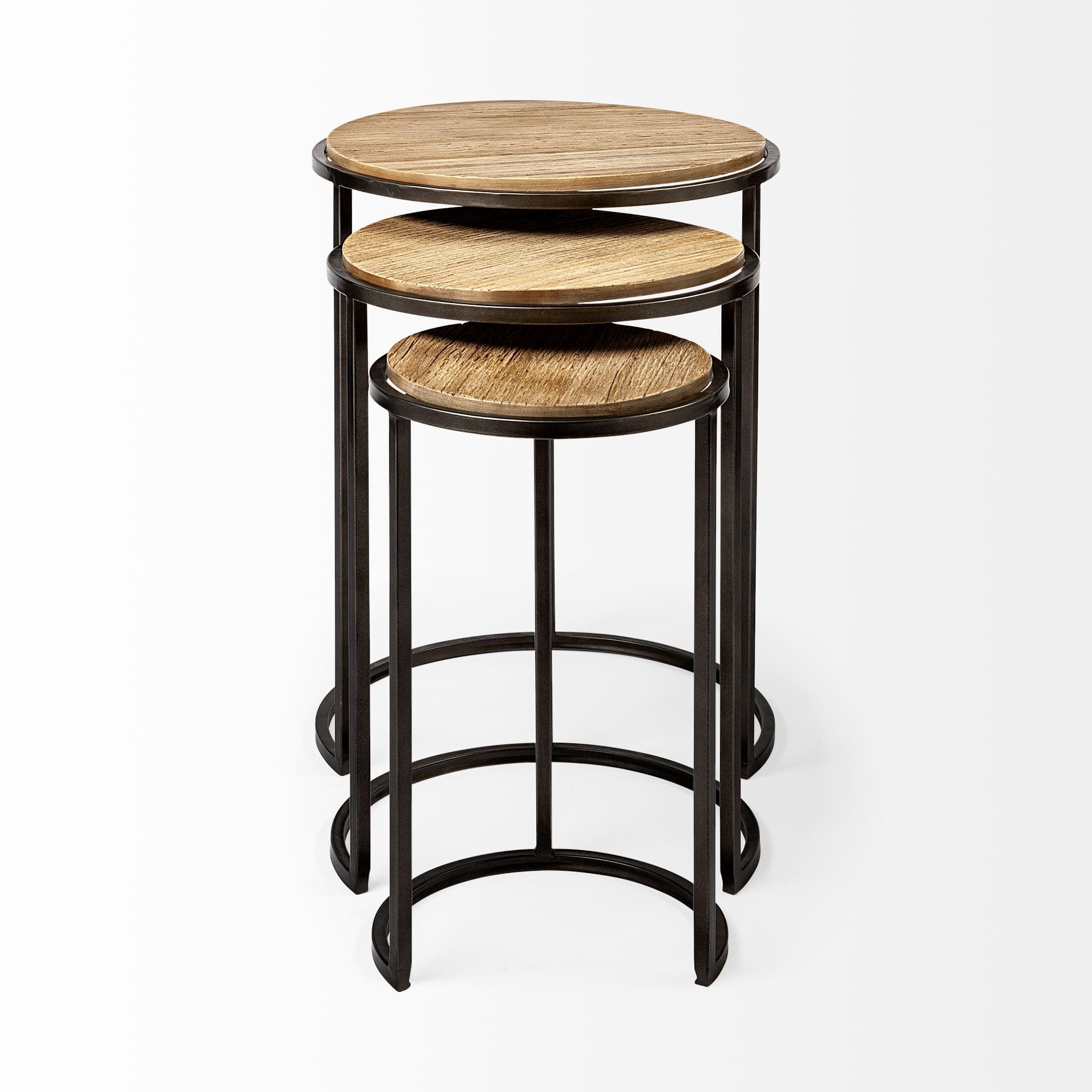 Glover (Set of 3) 20L x 20W Brown Wood Round Top W/Metal Nesting Accent Tables — product photograph