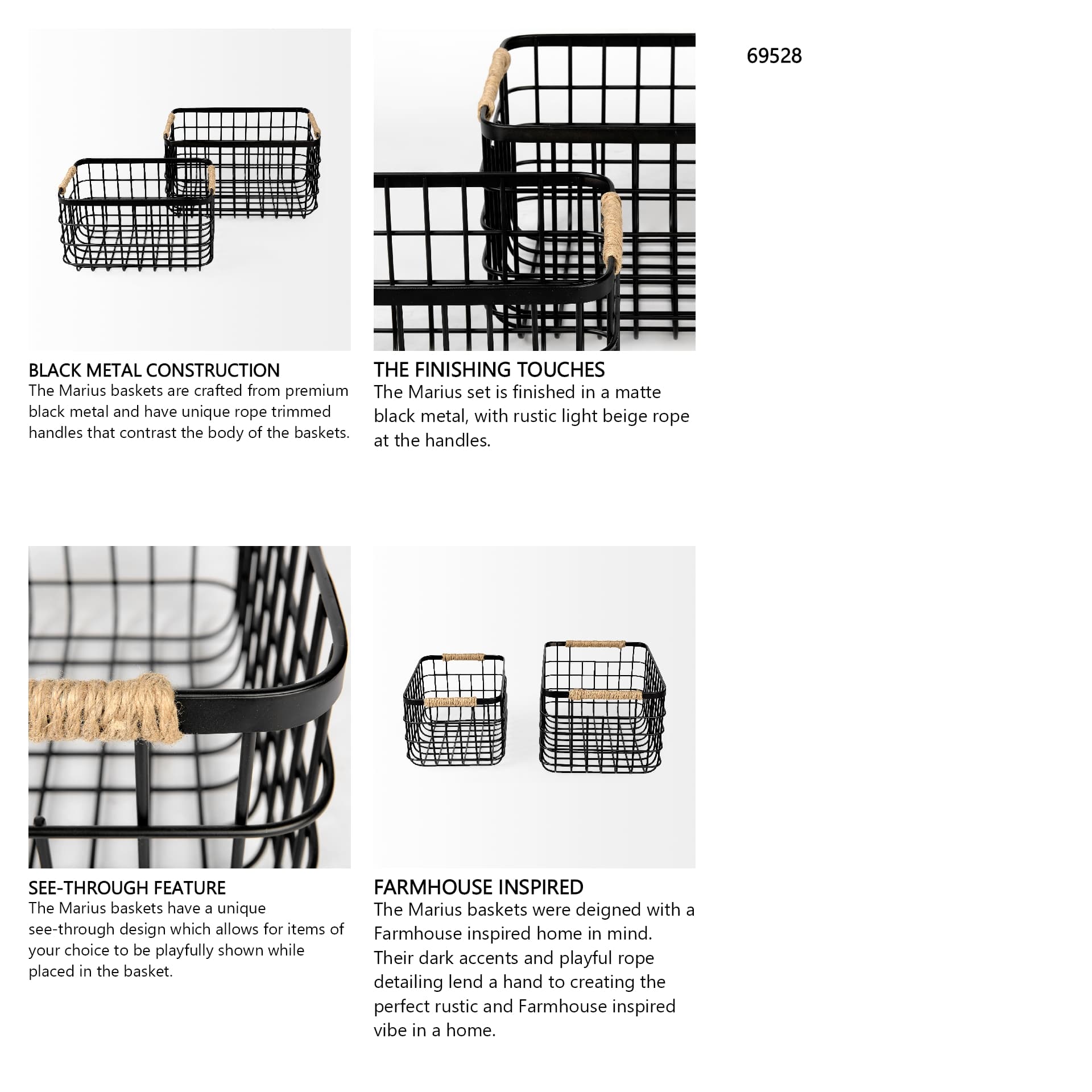 Marius (Set of 2) Matte Black Metal W/ Rope Trim Rectangular Baskets — in a styled room