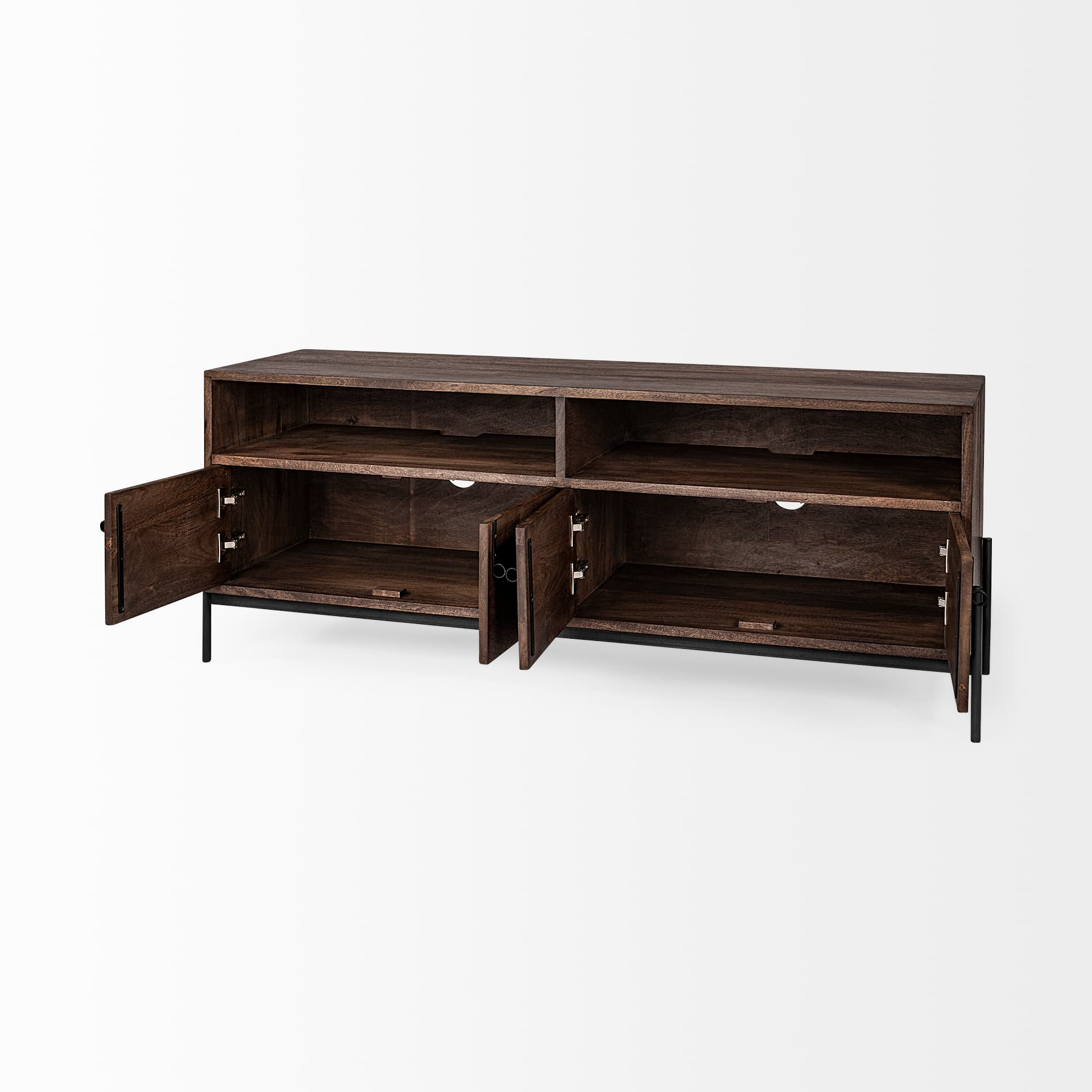 Glenn IV Dark Brown Wood w/ Black Iron Frame Media Console w/ Storage, TV Stand for TV up to 71" — product photograph