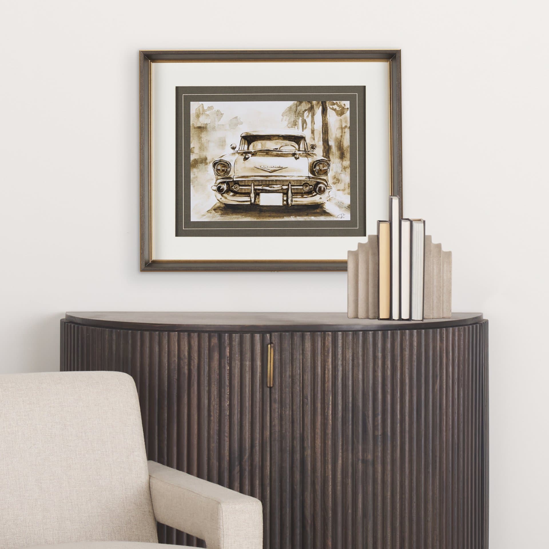 Vintage Car Picture IV by Mercana Studio Hand Embellished Framed Art Print Matted under Glass — in a styled room
