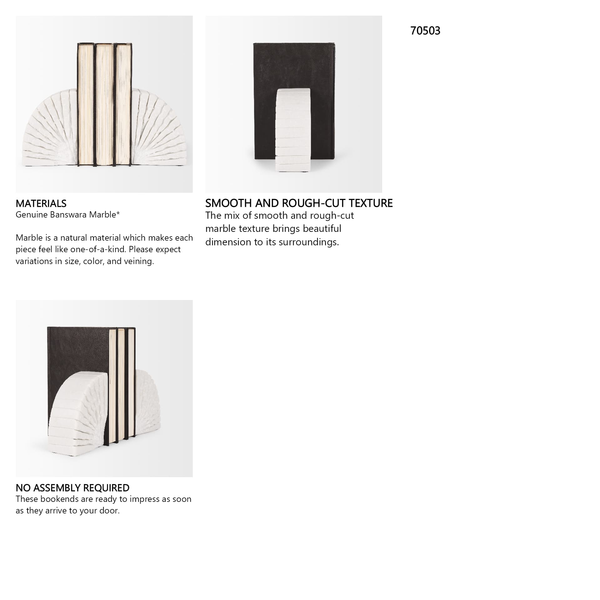 Stept White Marble Bookends w/rough carving (set of 2) — in a styled room