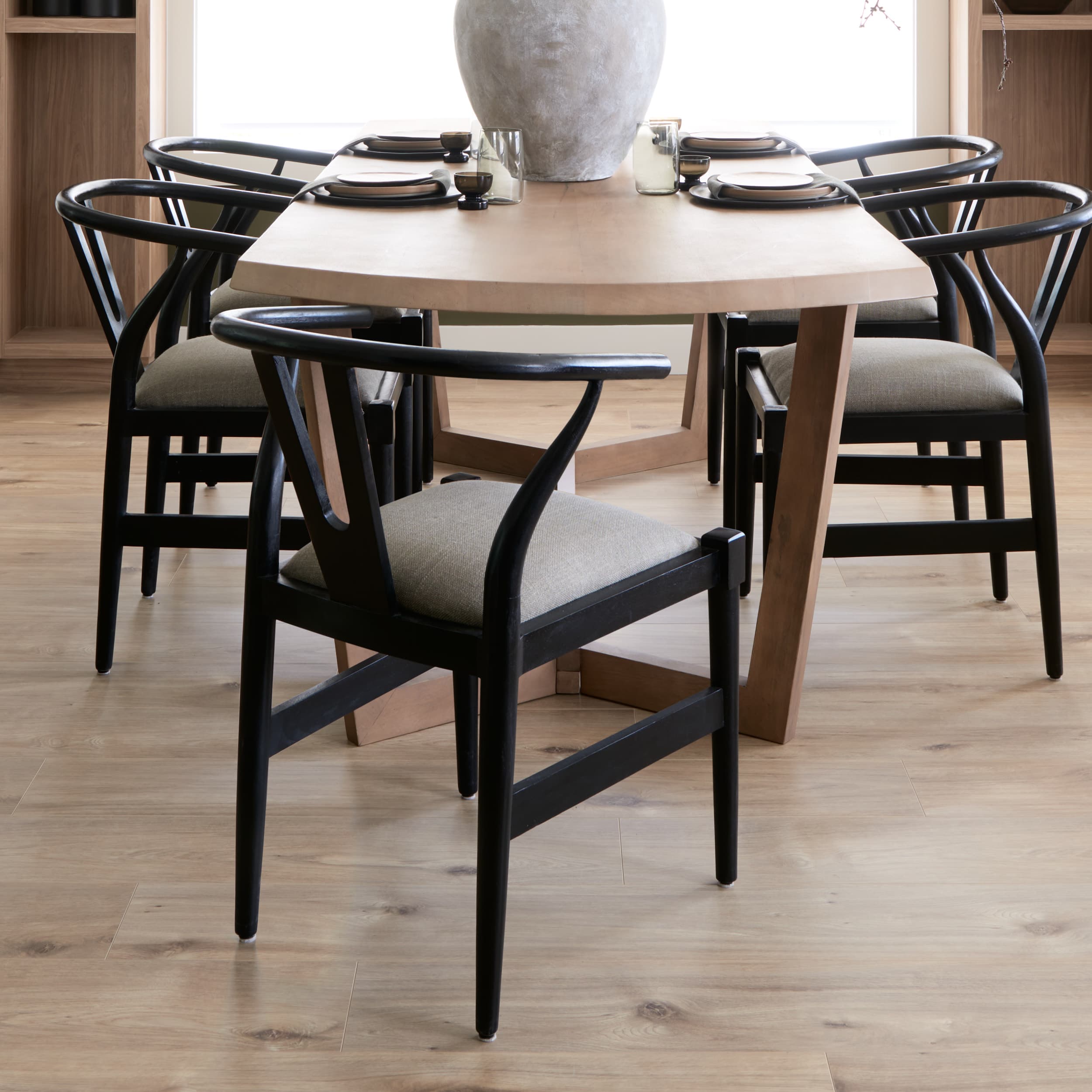 Trixie Curved Back Dining Arm Chair | Dark Taupe Fabric w/ Wooden — product photograph