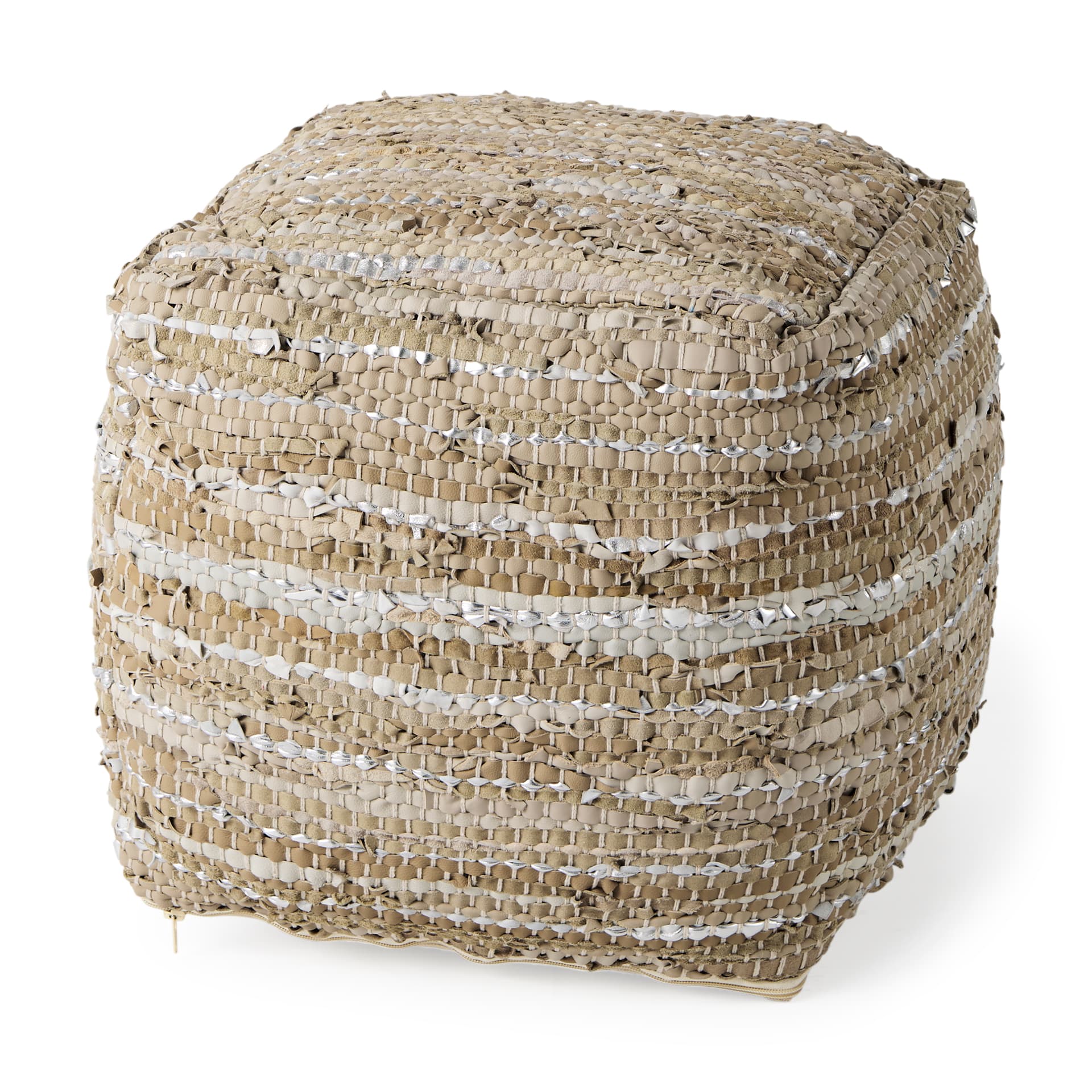 Aadhya 16.0L x 16.0W x 16.0H Taupe/Silver Leather and Cotton Pouf — product photograph