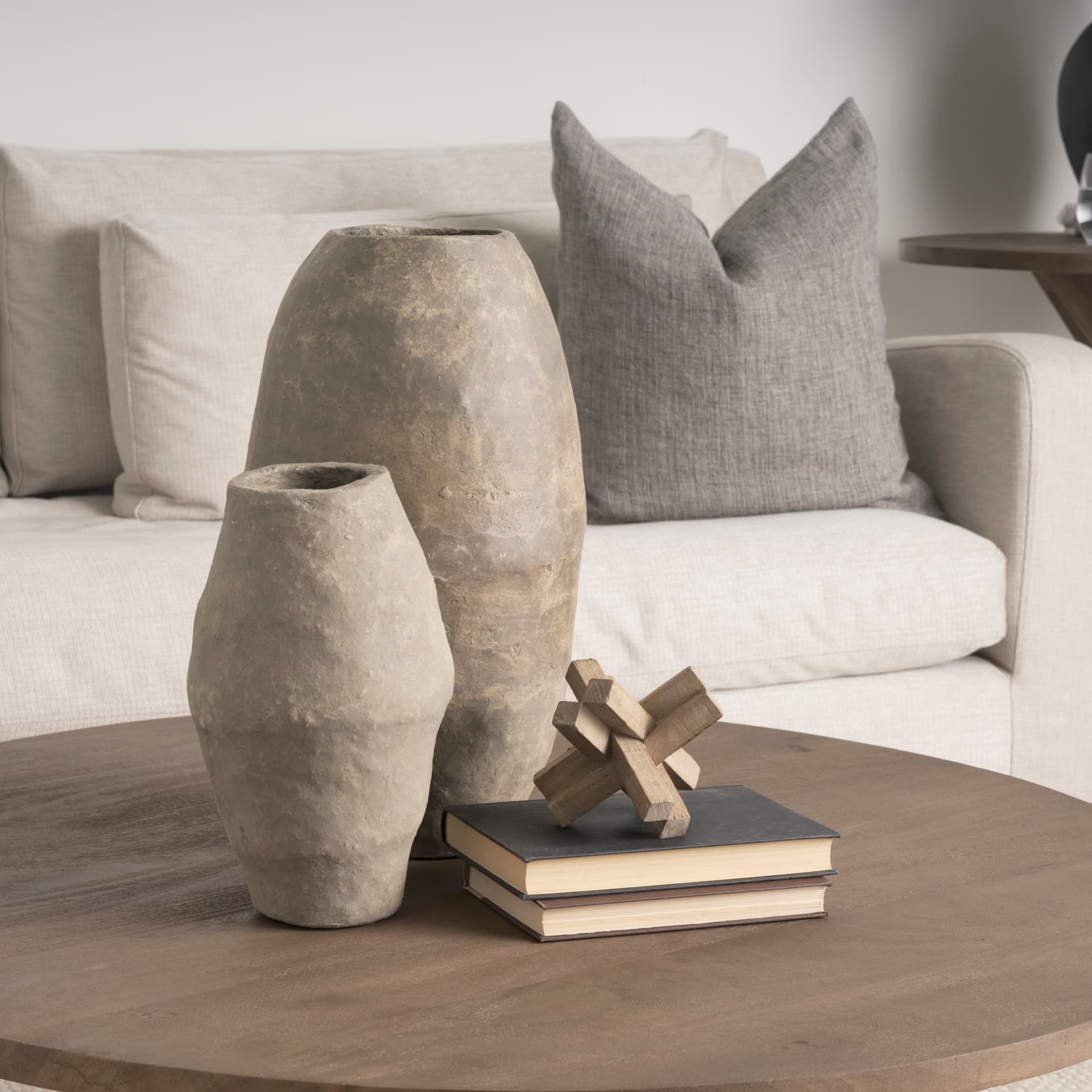 Rundal Small Gray Paper Mache Vase — in a styled room