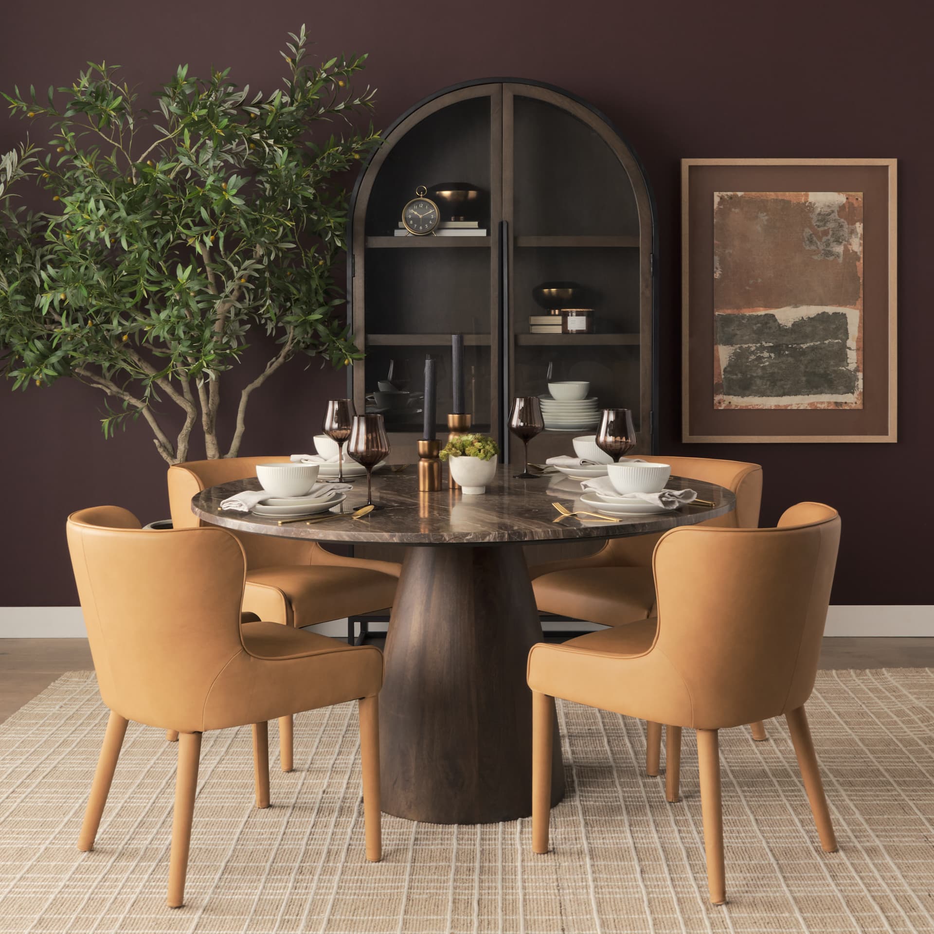 Nolan Wingback Dining Side Chair | Tan Leather w/ Tapered Wood — product photograph