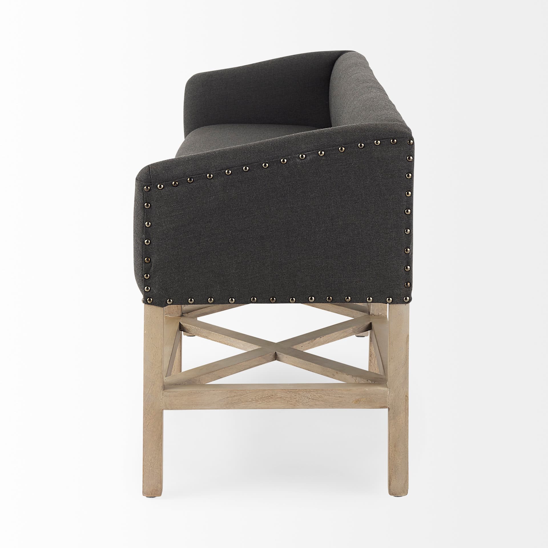 Bergen 60.0L x 19.0W x 25.5H Dark Gray Fabric W/ Light Brown Wooden Base Accent Bench — product photograph