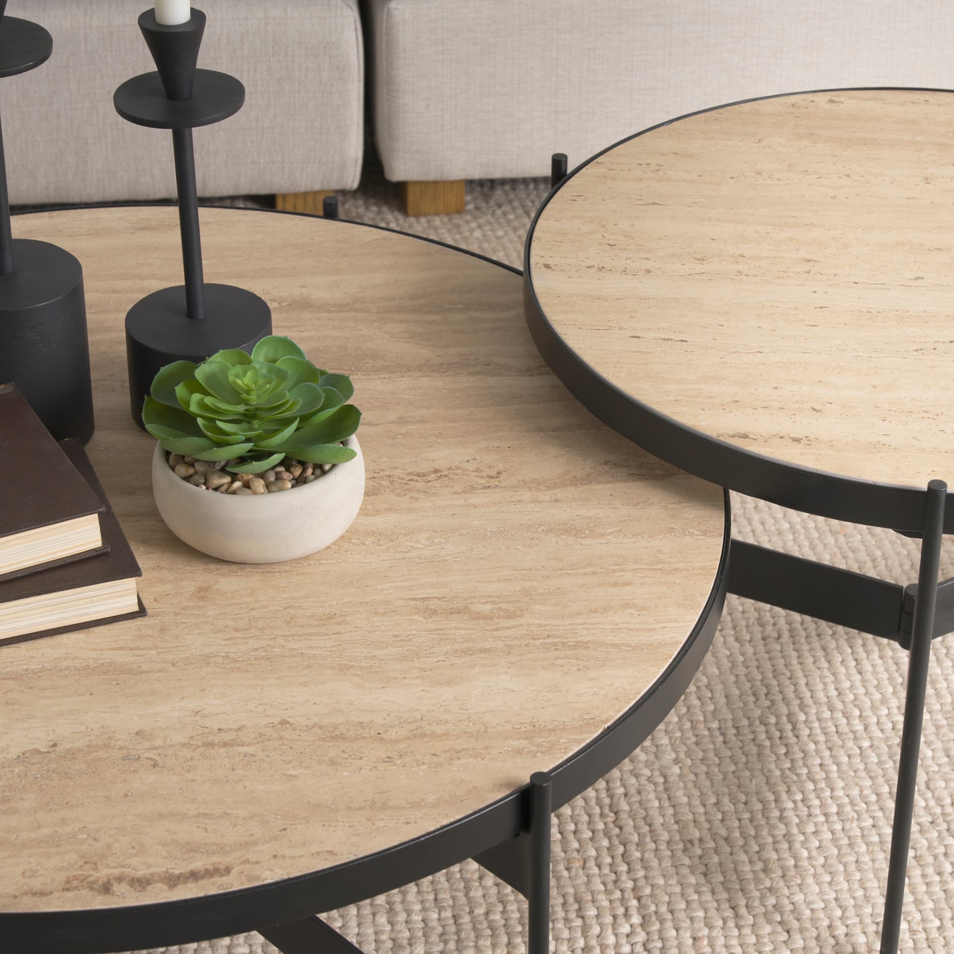 Wade Travertine Marble w/ Matte Black Metal Coffee Tables — product photograph