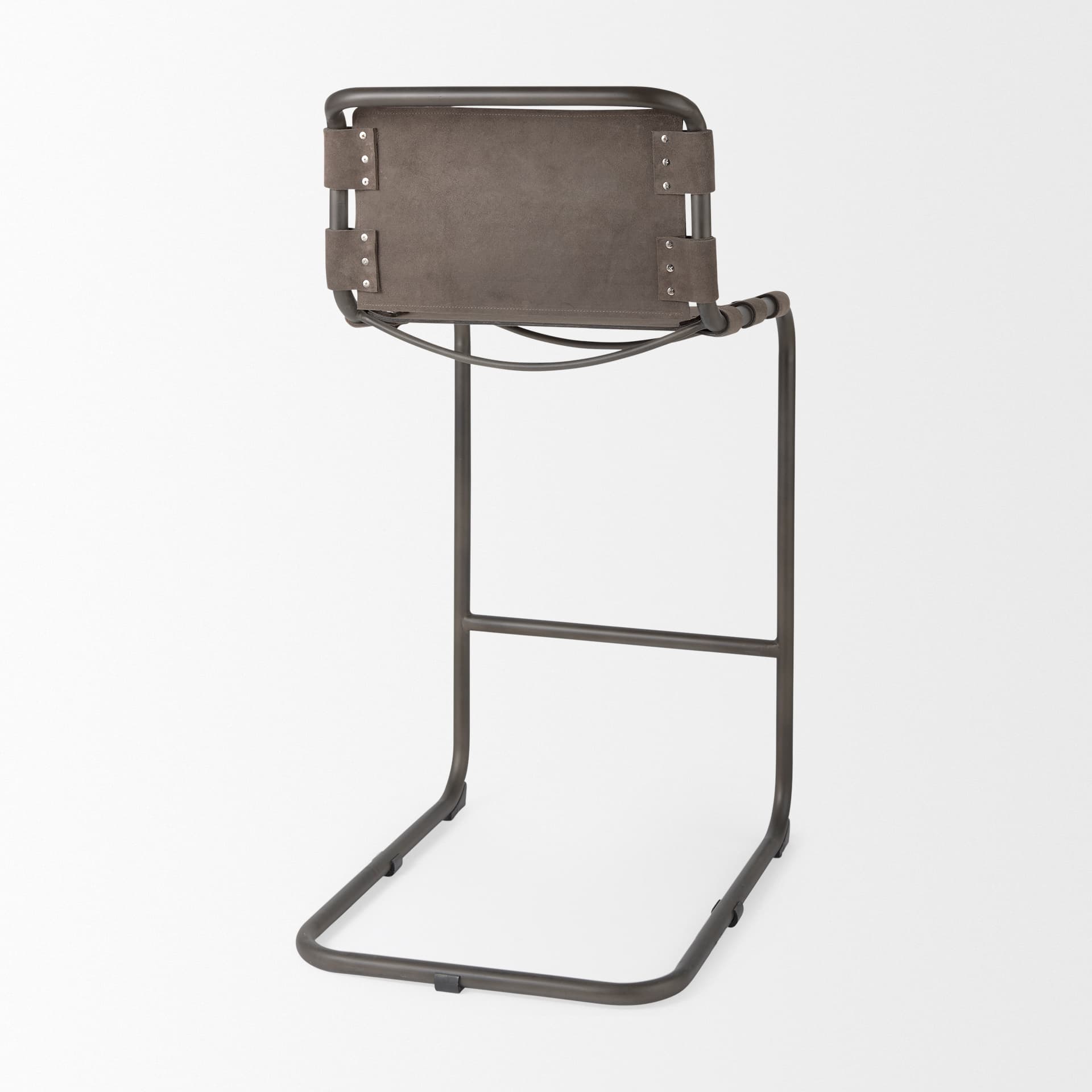 Berbick Backless 43in Seat Bar Stool | Brown/Gray Suede w/ Gray Metal — product photograph