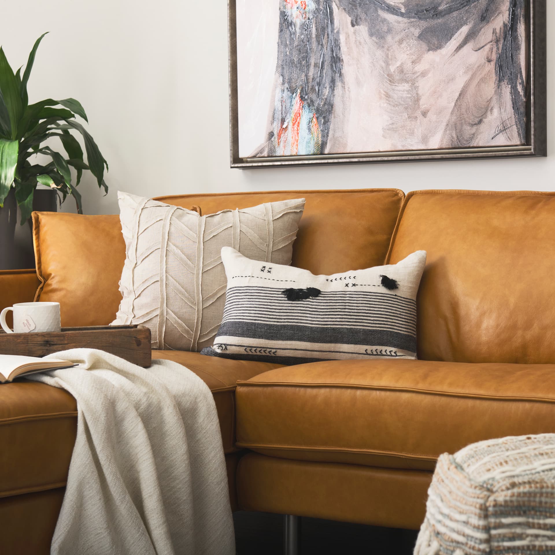 Thalia 13x21 Black and Beige Fabric Striped w/Fringe Pillow Cover w/Down Filler — product photograph