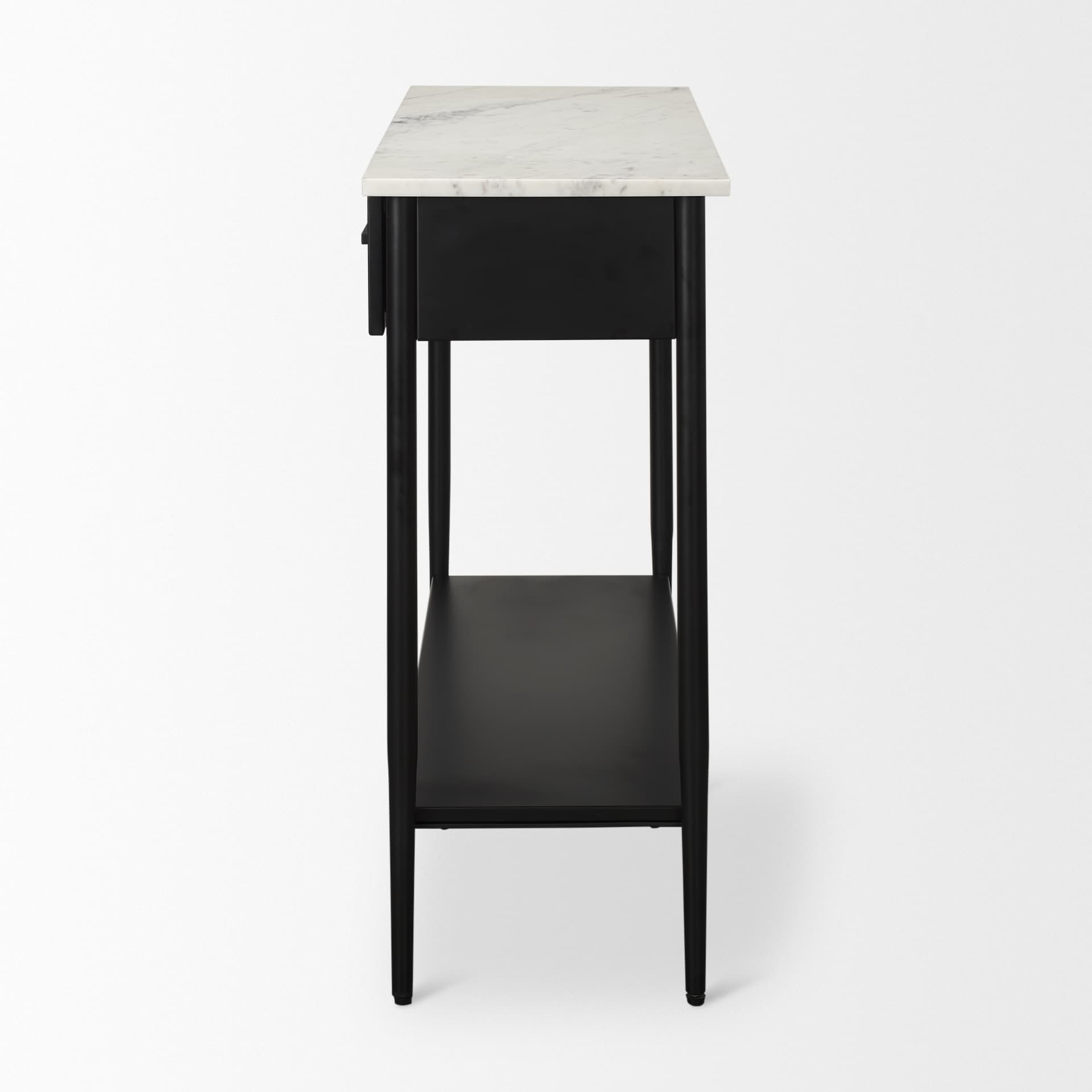 Amika White Marble Top Black Metal Base Console Table — product photograph