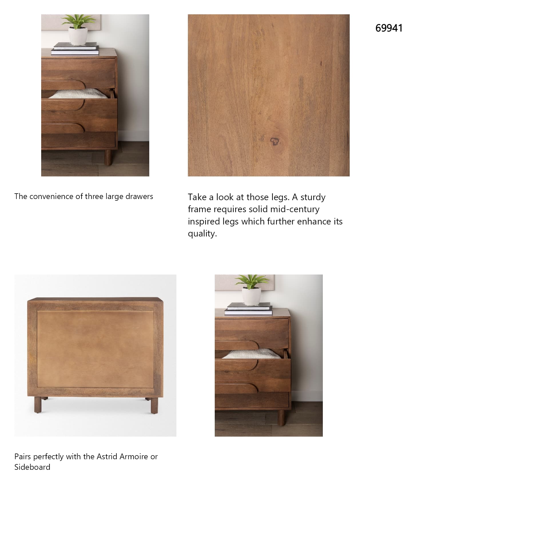 Astrid 36L x 17W x 30.3H Medium Brown Solid Wood 3 Drawer Cabinet — in a styled room