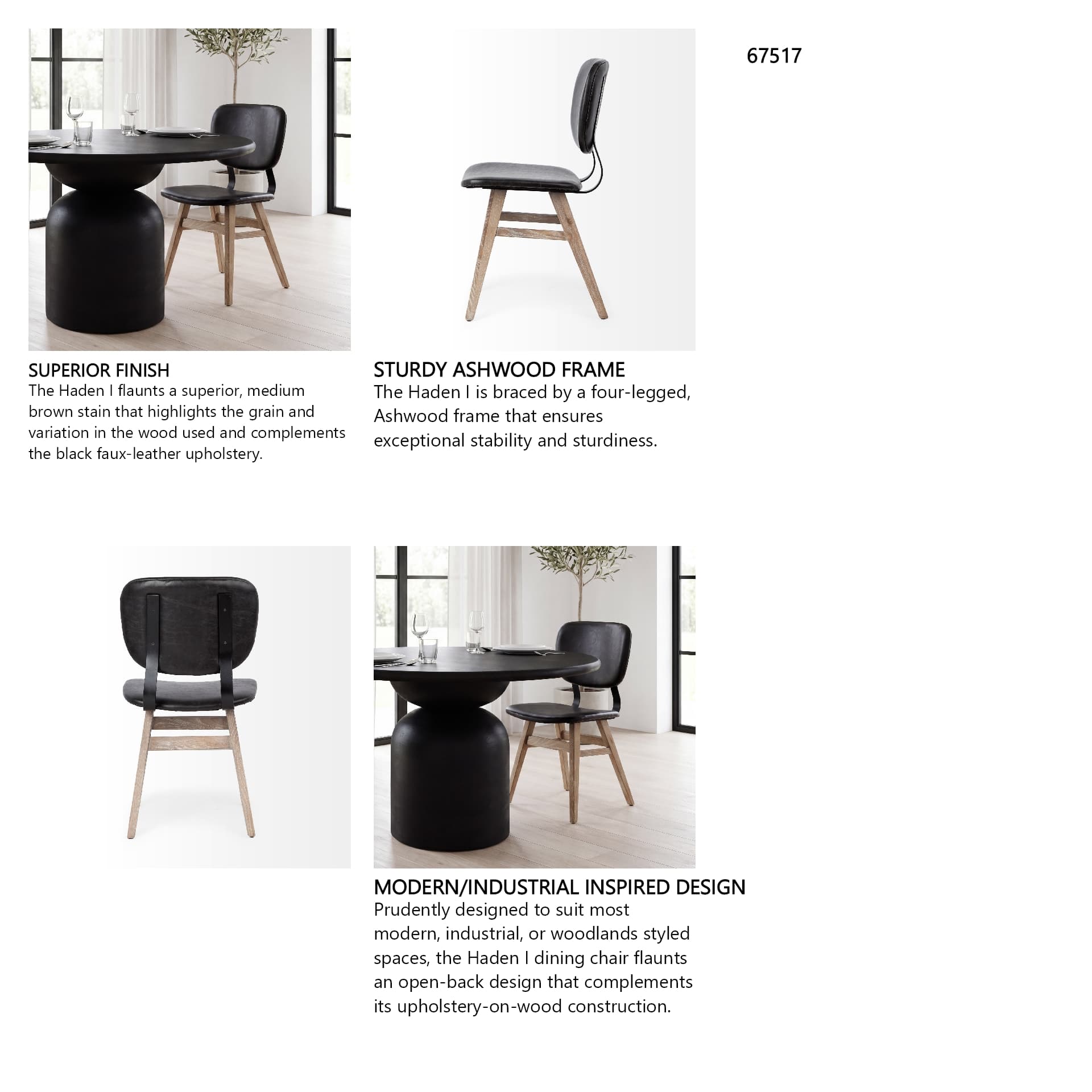 Haden Open Back Dining Side Chair | Black Faux Leather w/ Iron — in a styled room