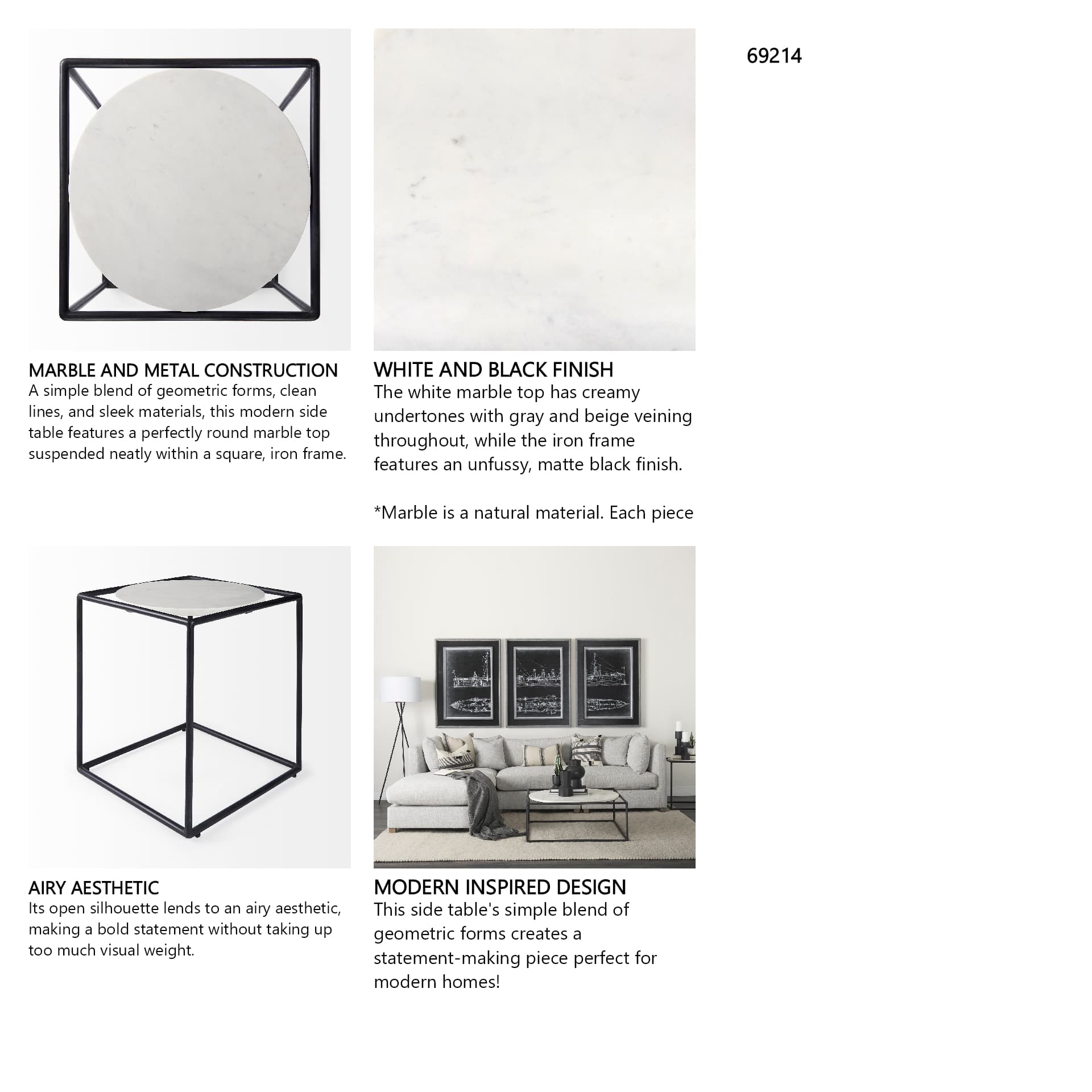 Austen 20L x 20W x 22H Round White Marble Top W/ Black Metal Frame Side Table — in a styled room