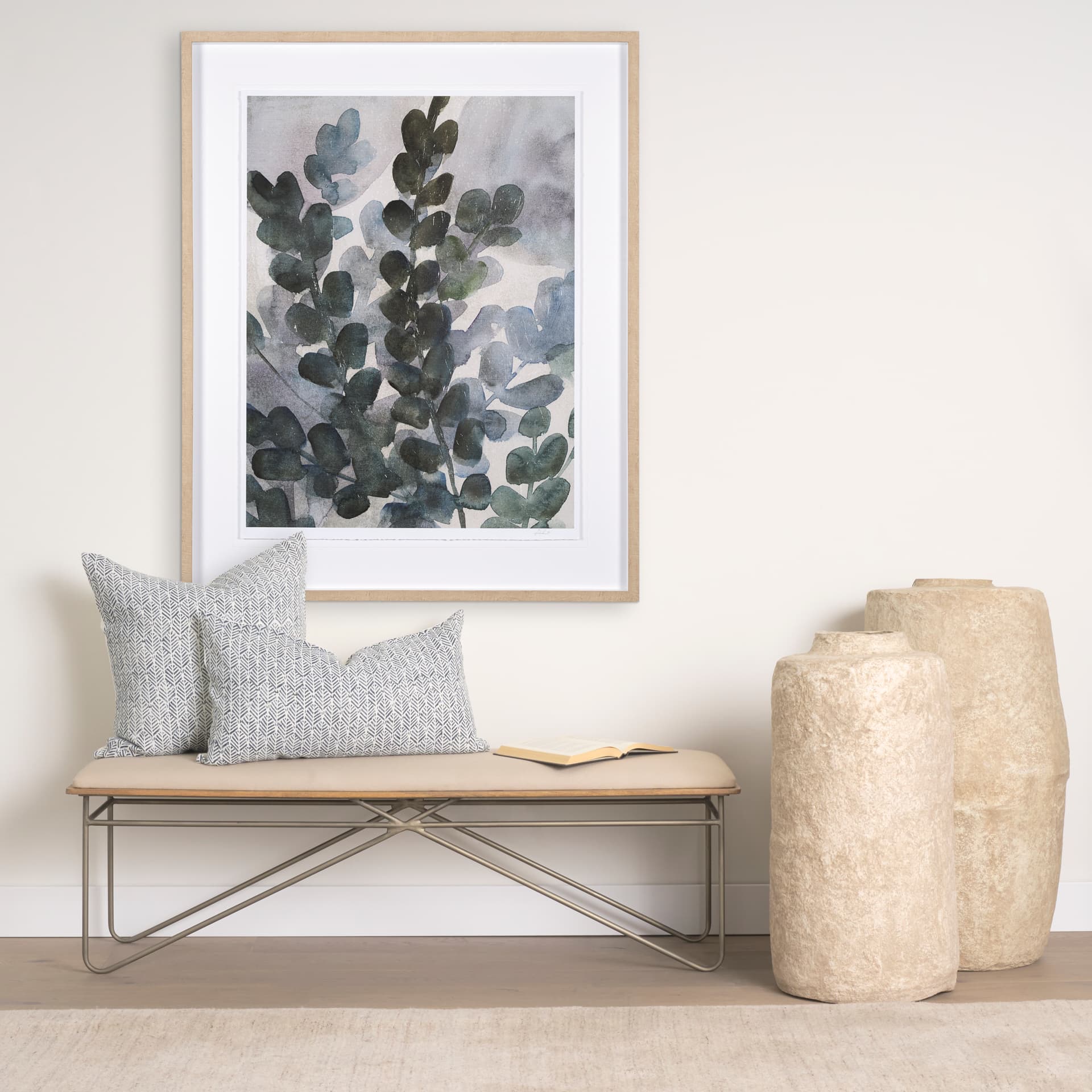 Jennelle 22x22 Cream w/ Indigo Print Linen Square Pillow Cover — in a styled room