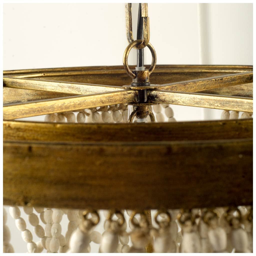 Pendra (26"x23") Gold Metal Whitewashed Wooden Bead Three Bulb Chandelier — product photograph