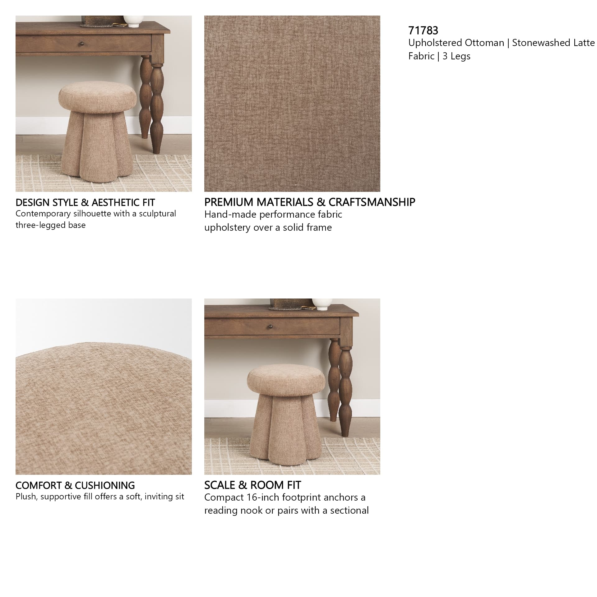 Oona Upholstered Ottoman | Stonewashed Latte Fabric | 3 Legs — in a styled room
