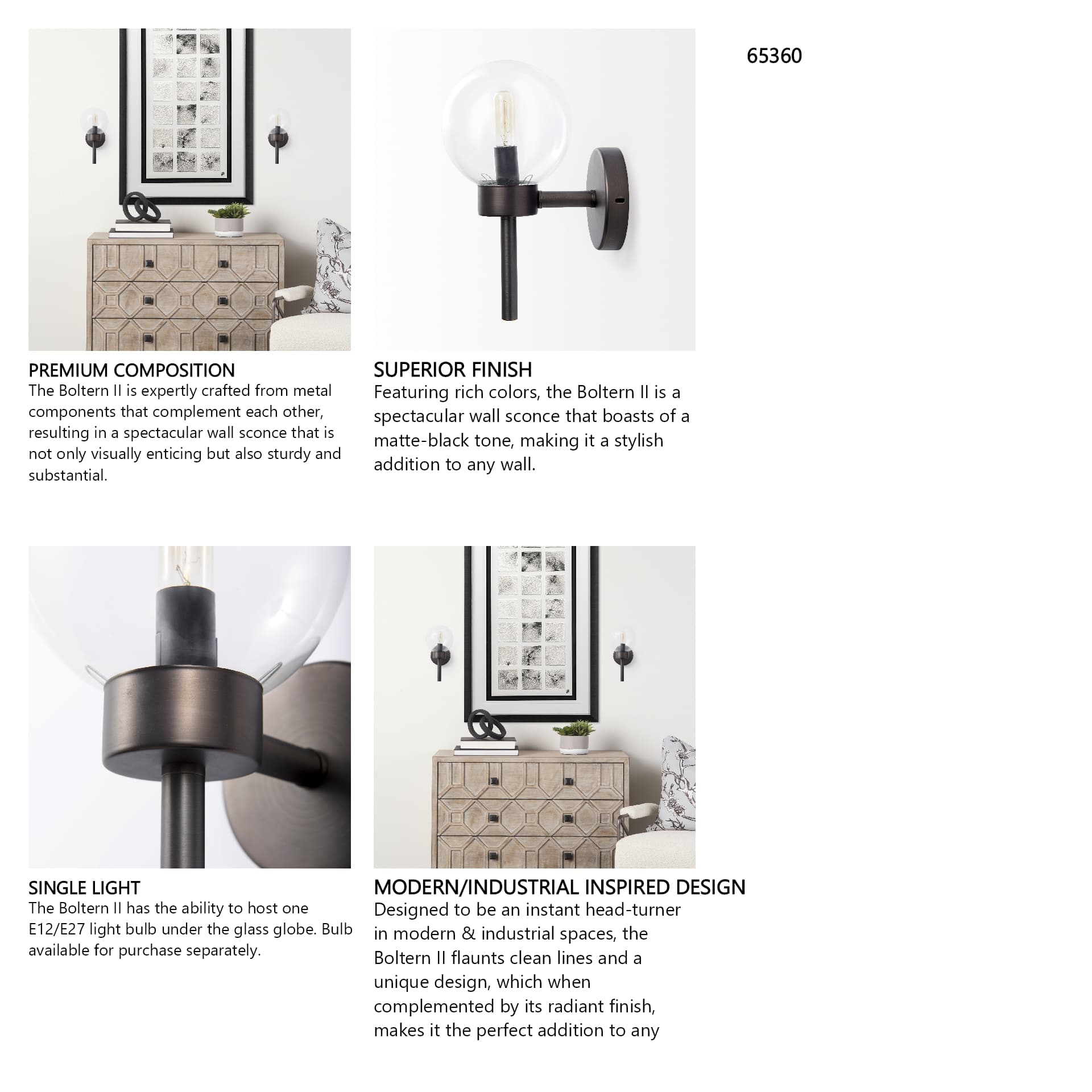 Boltern II 6x12 Black Toned Glass Globe Wall Sconce — in a styled room