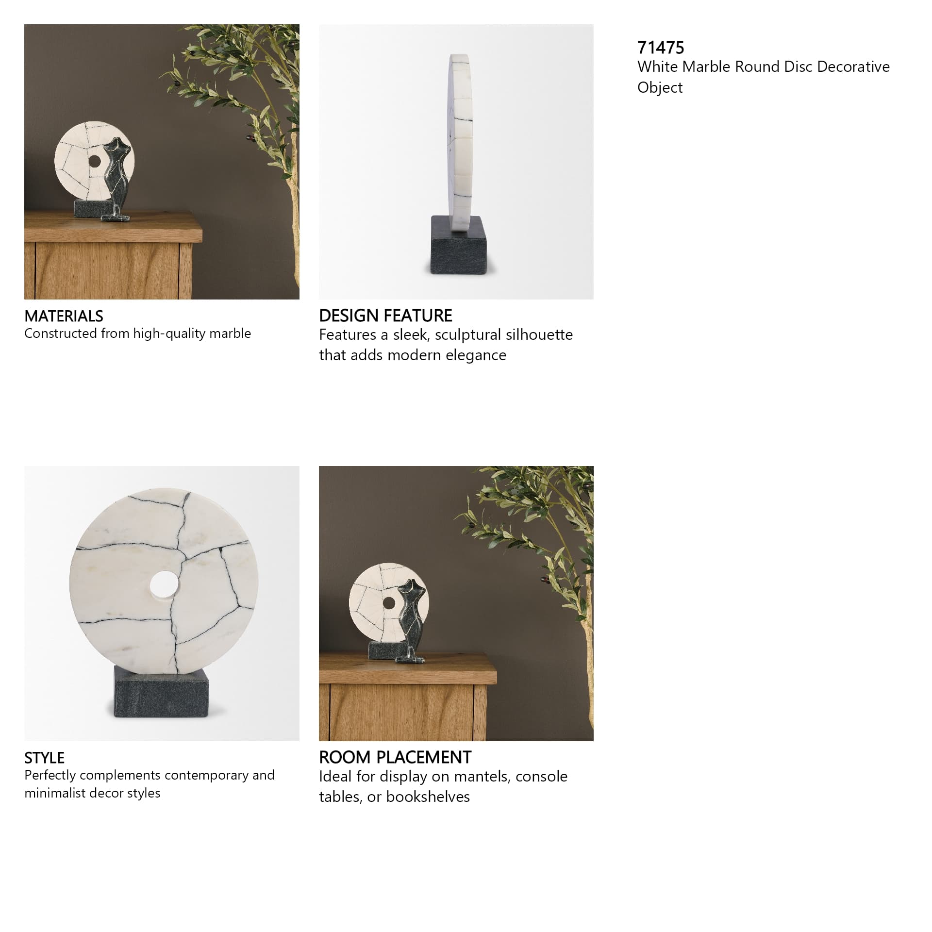 Orin White Marble Round Disc Decorative Object — in a styled room