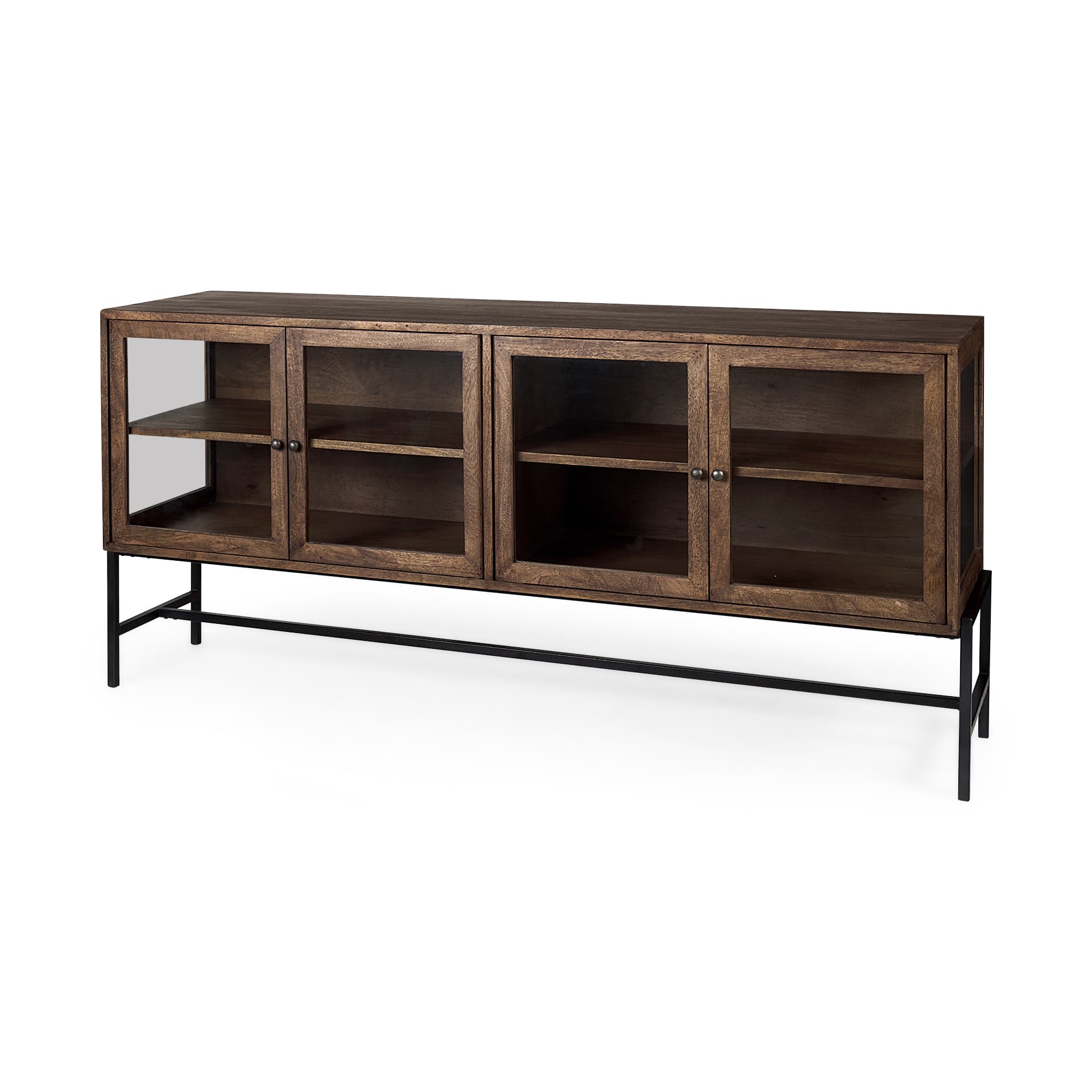 Arelius 70L x 18.75W x 32H Medium Brown, Black Metal Base w/ 4 Glass Door Cabinets Sideboard — product photograph
