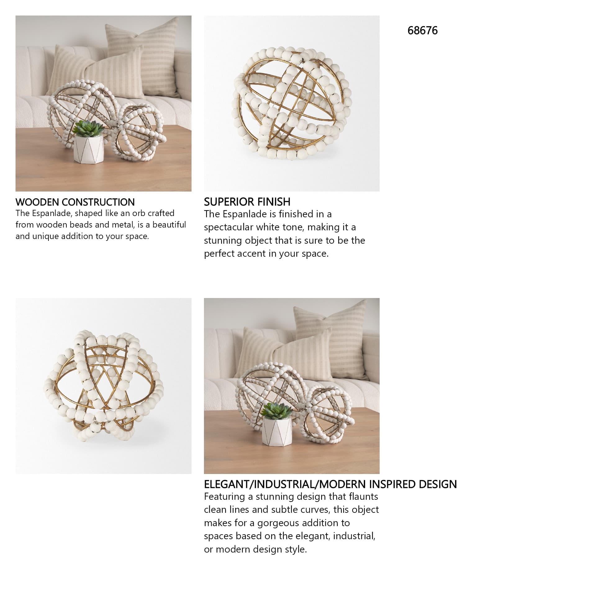 Espanlade I Small 9L x 9W White Wooden Beaded Orb — in a styled room