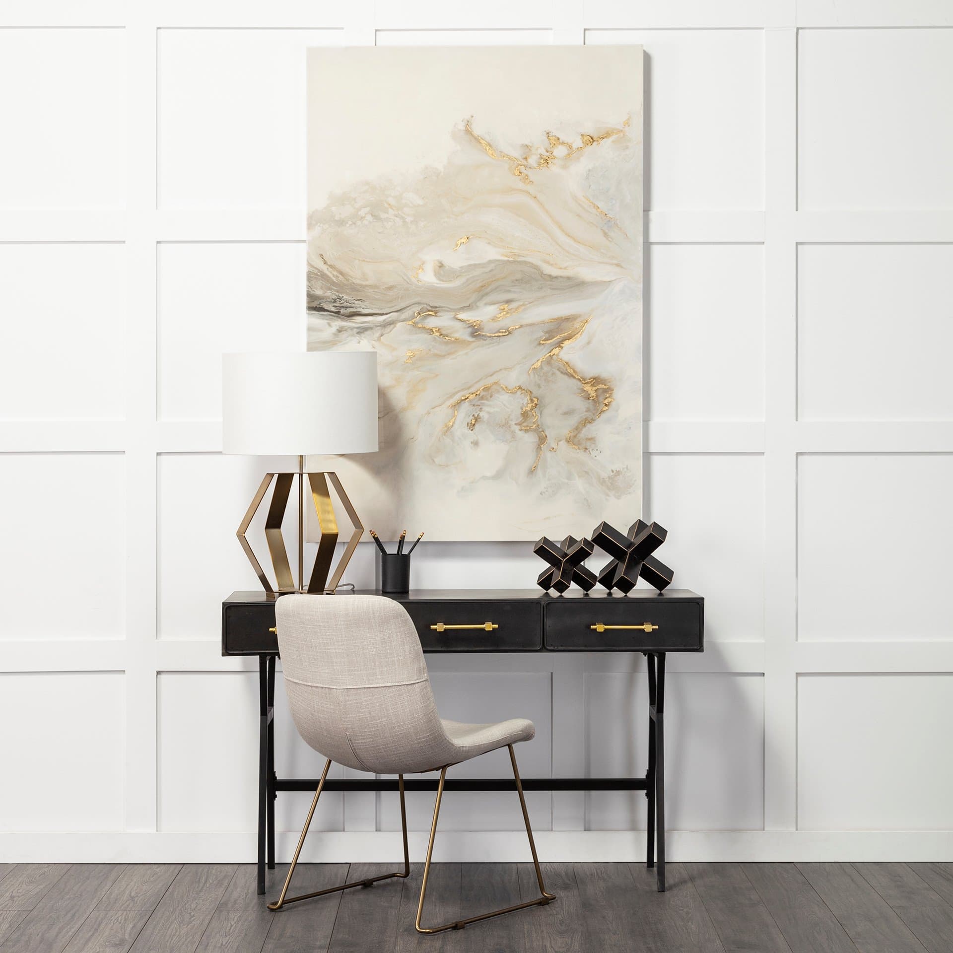 Edwards (26"H) Gold Metal Base w/ Cream Fabric Shade Table Lamp — in a styled room