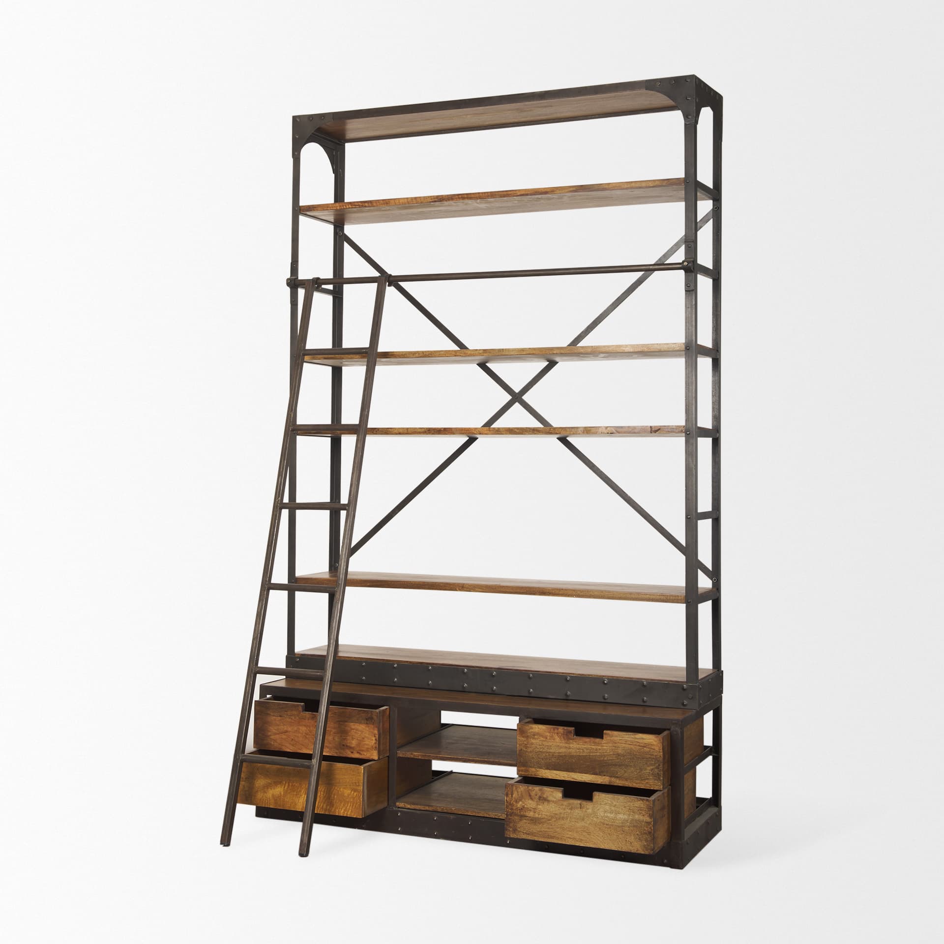 Brodie II Medium Brown Wood Black Ladder Four Shelf Shelving Unit 57L x 20.5W x94H — product photograph