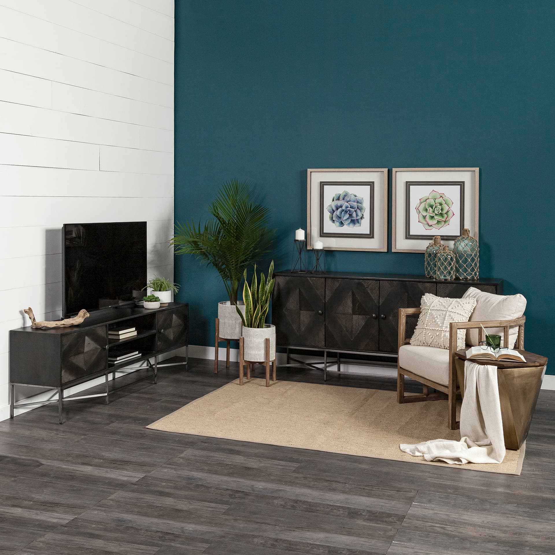 Hogarth I Dark Brown Solid Wood TV Stand Media Console with Storage, TV up to 81" — in a styled room