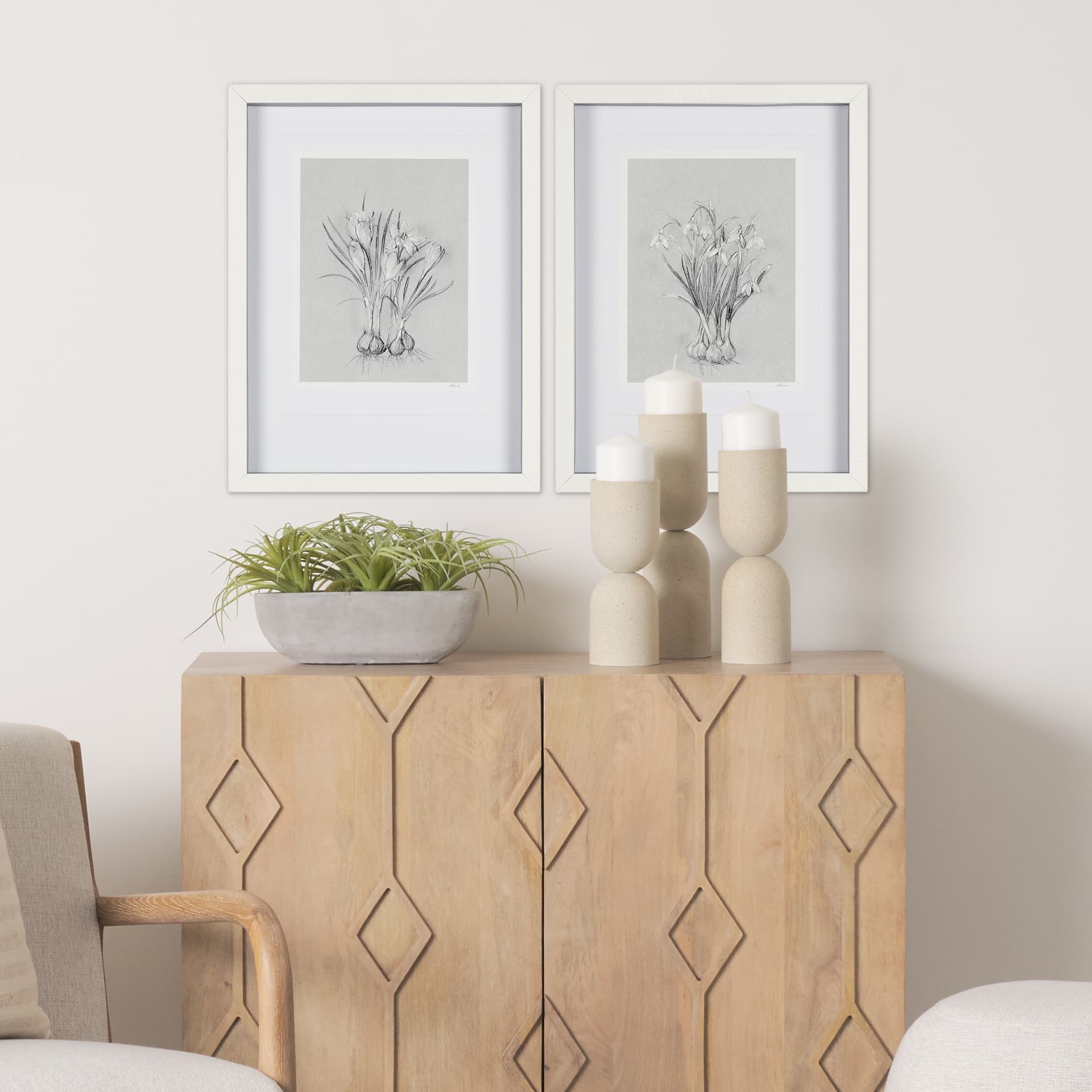 Botanical sketches VI (Grey) by Mercana Studio Hand Embellished Framed Art Print Matted under Glass — in a styled room