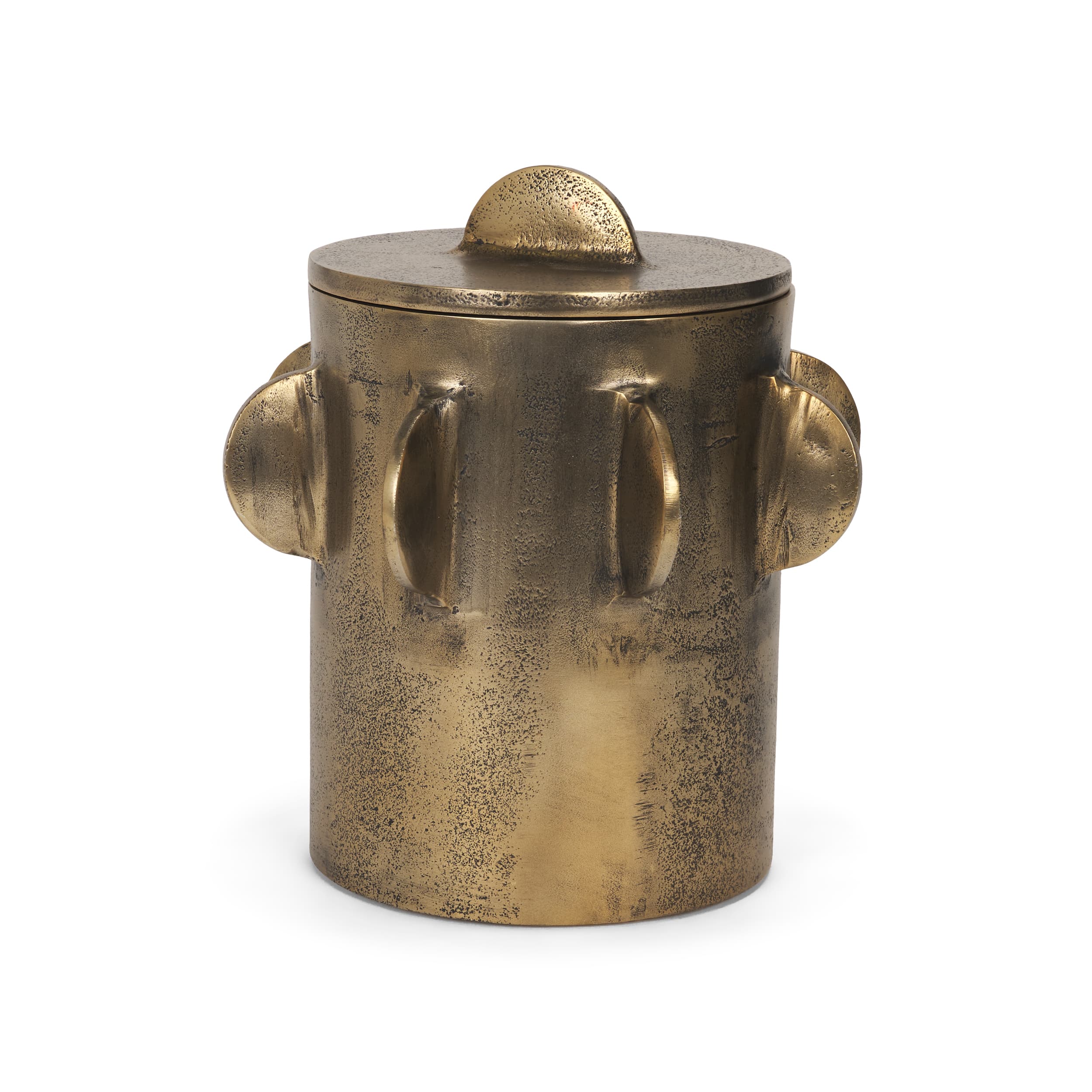Deacon Large Antiqued Gold Metal Canister with Sculptural Handles — product photograph