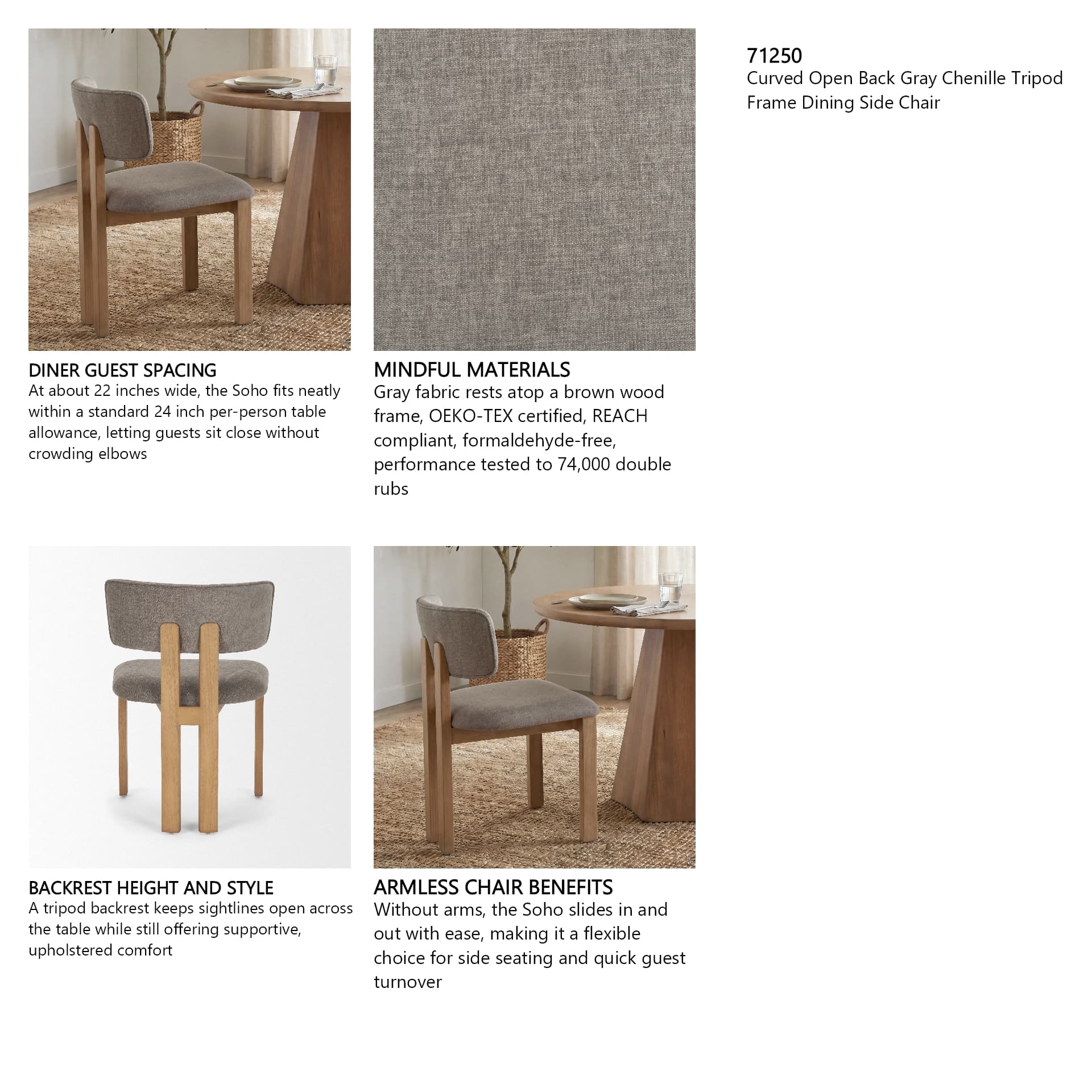 Soho Open Back Dining Side Chair | Gray Chenille w/ Brown Wood — in a styled room