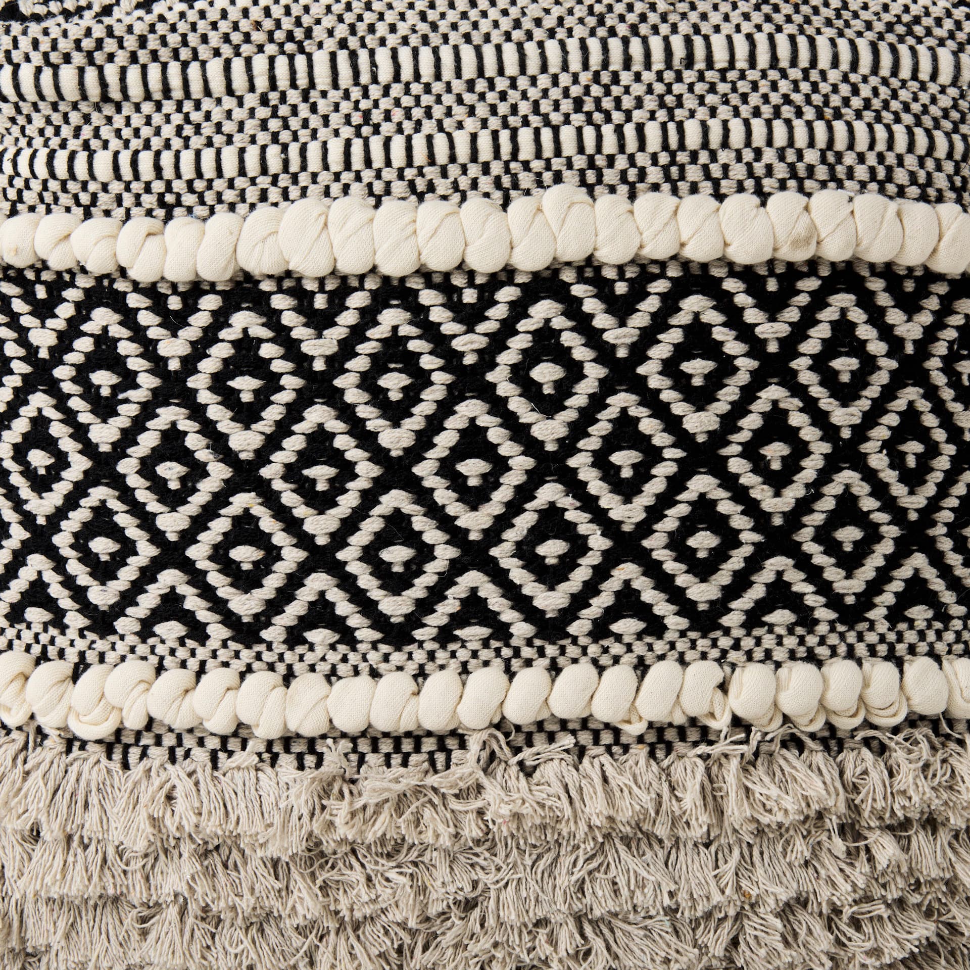Darika 16.0L x 16.0W x 16.0H Black/White/Gray Cotton Pouf — product photograph