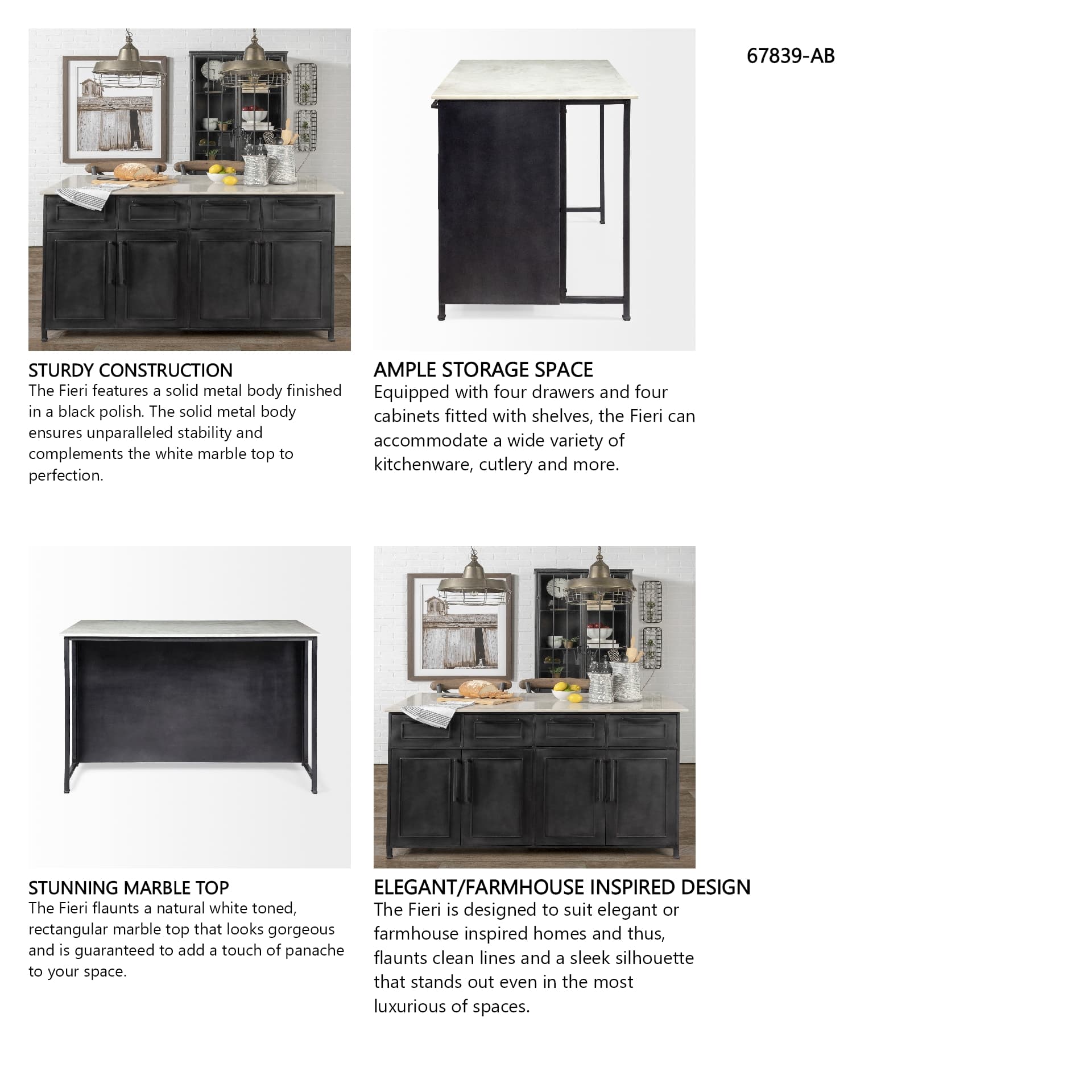 Fieri Solid Iron Black Body White Marble Top Four Drawer Kitchen Island — in a styled room