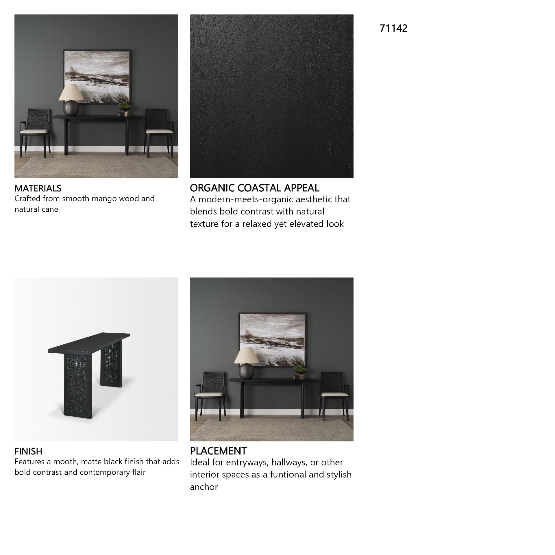 Grier 65" Black Wood w/ Black Cane Console Table — in a styled room