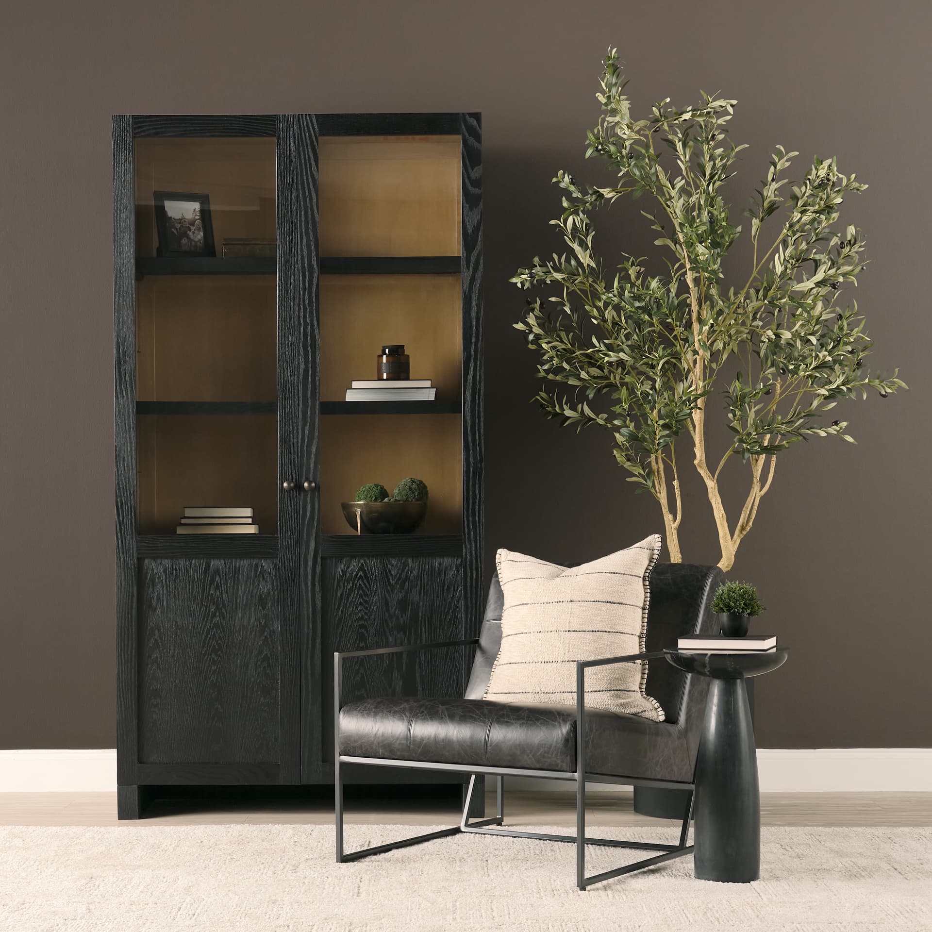 Henry Black & Light Brown Oak Wood w/ Glass Doors Curio Cabinet — in a styled room