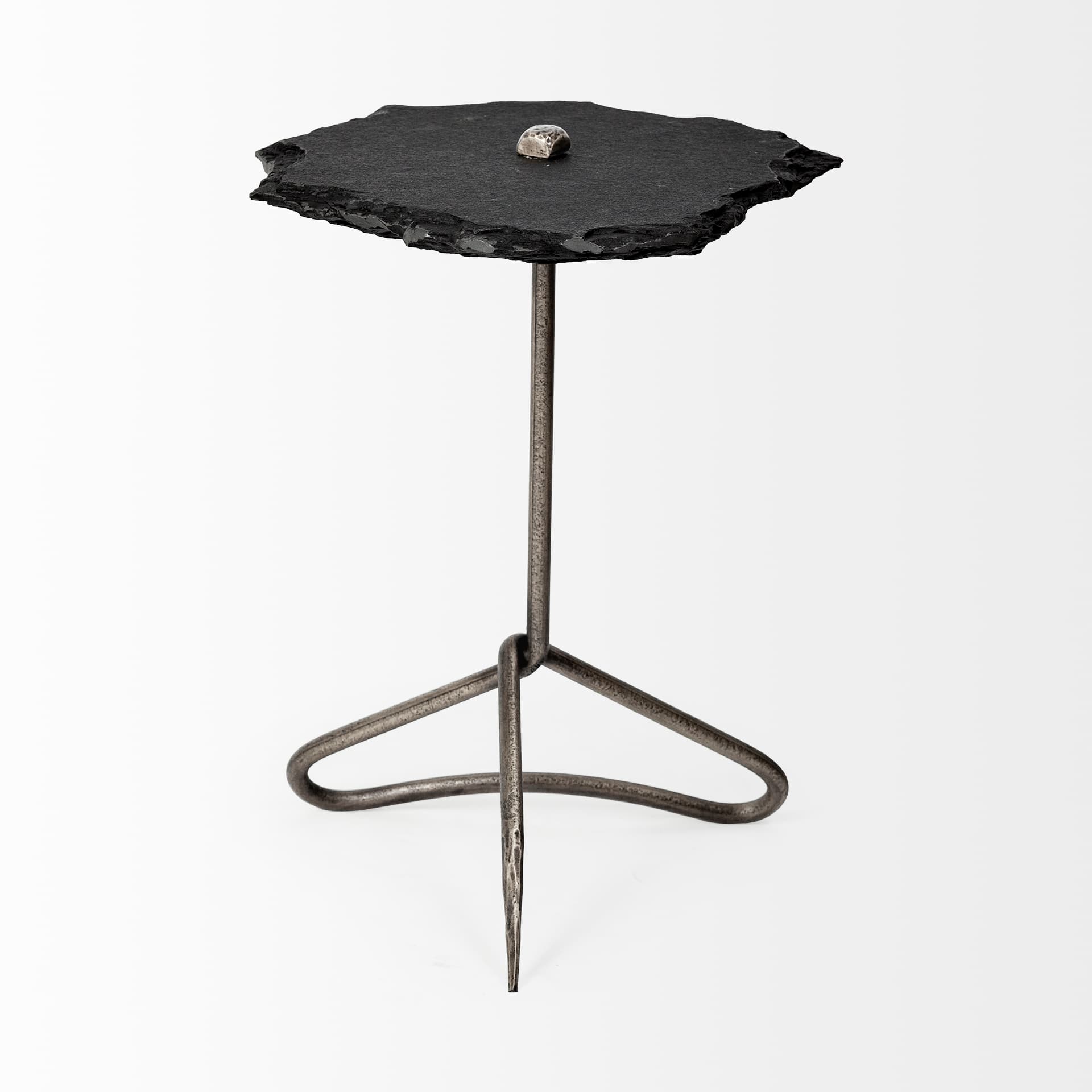 Pinera II 19L x 19W Black Slate Top W/ Triangular Iron Base Accent Table — product photograph